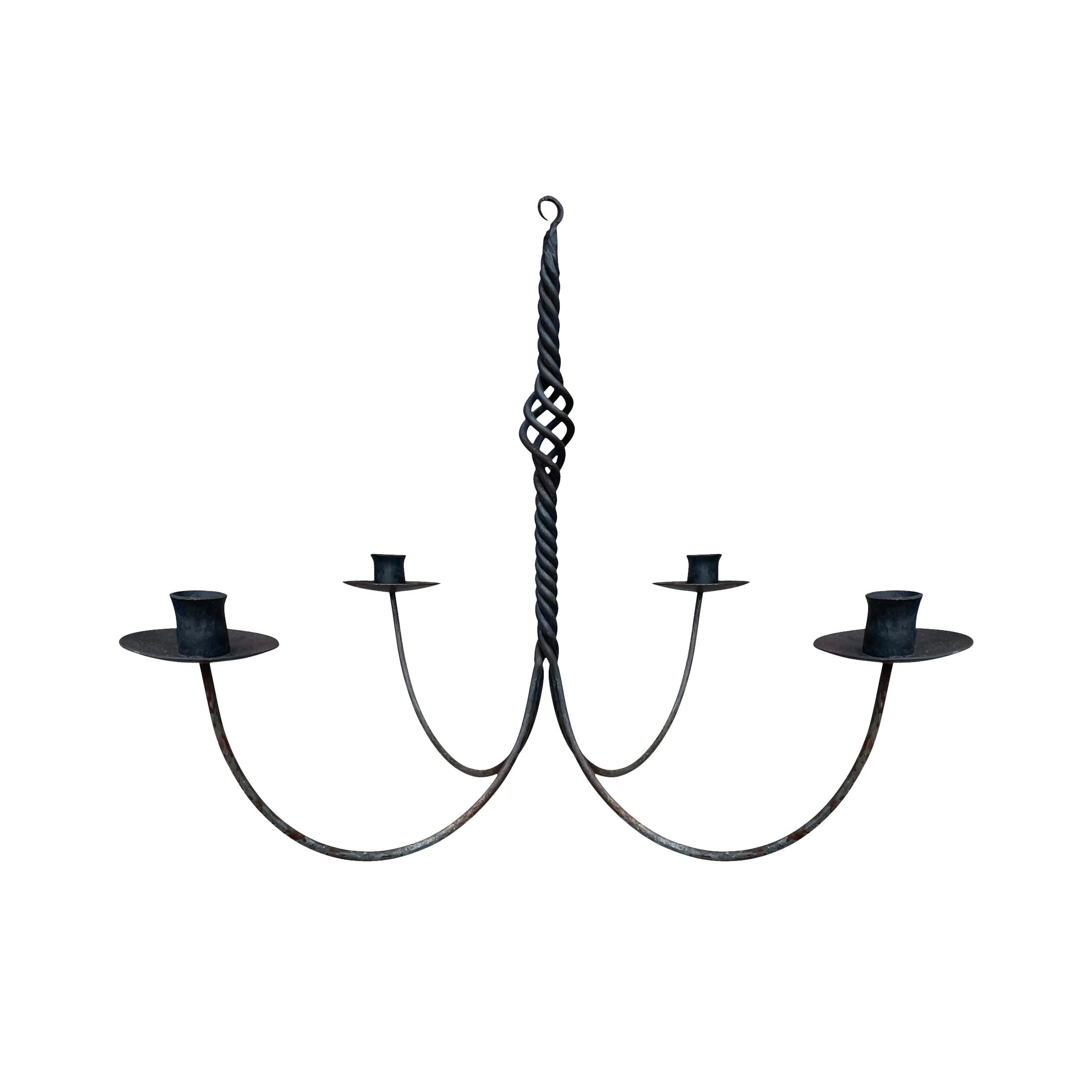 American Colonial 19th Century Wrought Iron Four-Arm Chandelier