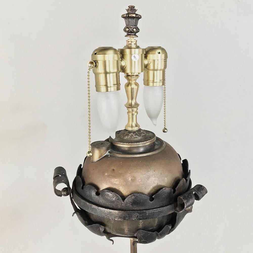19th Century Wrought Iron Oil Lantern Electrified Floor Lamp In Good Condition In Dallas, TX