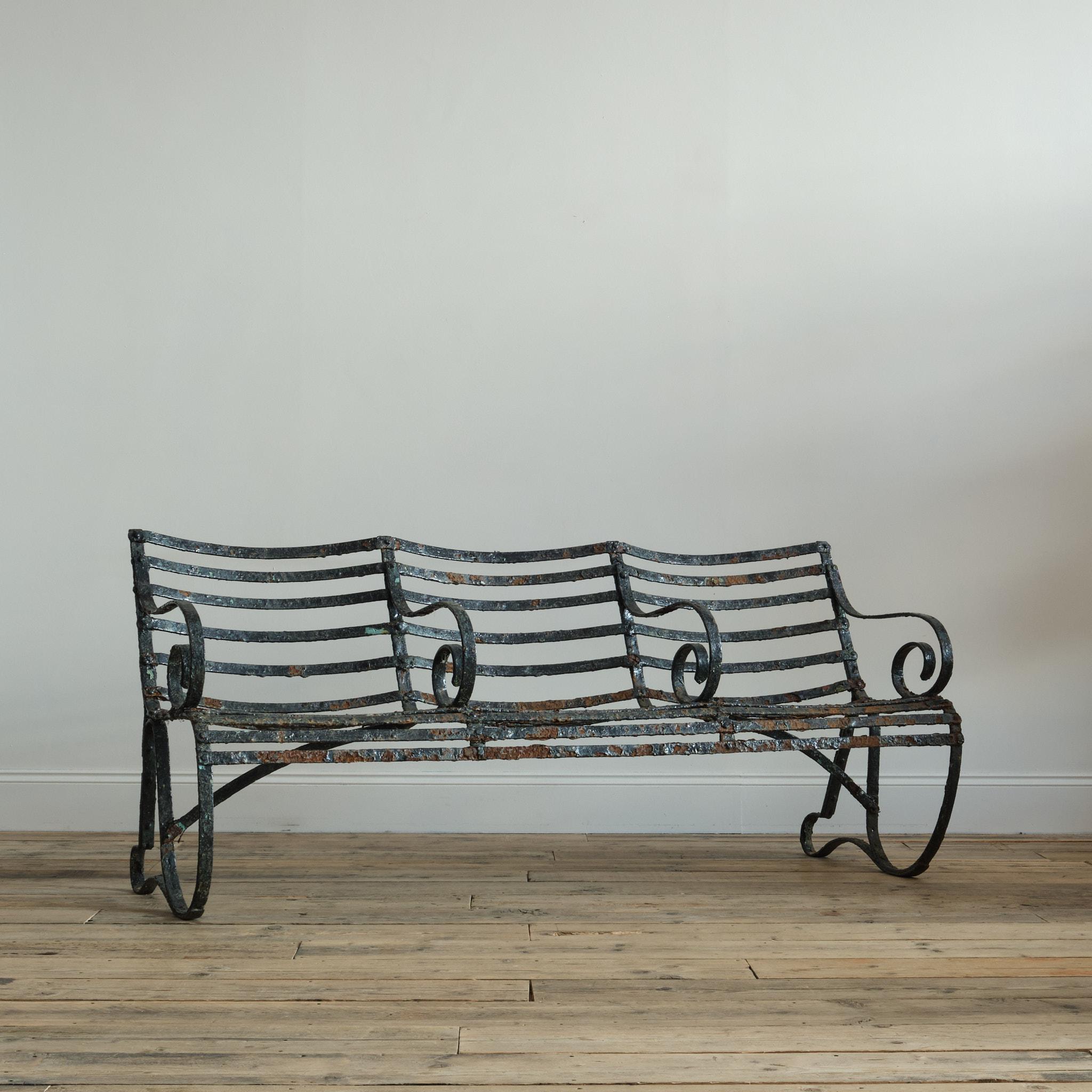 Early Victorian 19th Century Wrought Iron Strap Work Garden Bench For Sale