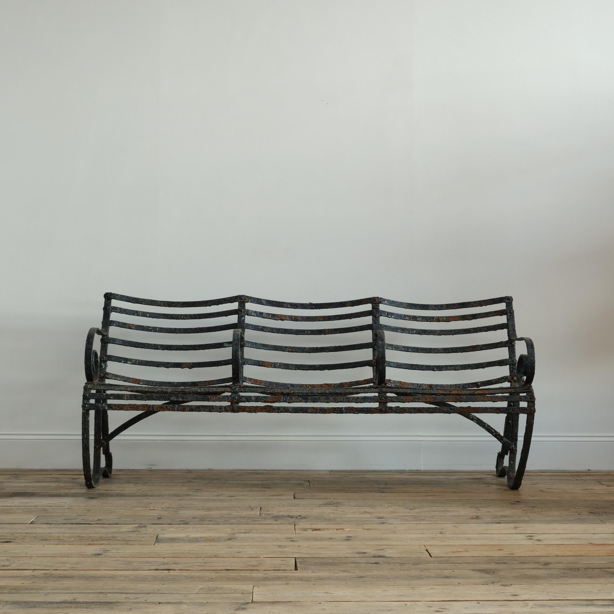 British 19th Century Wrought Iron Strap Work Garden Bench For Sale