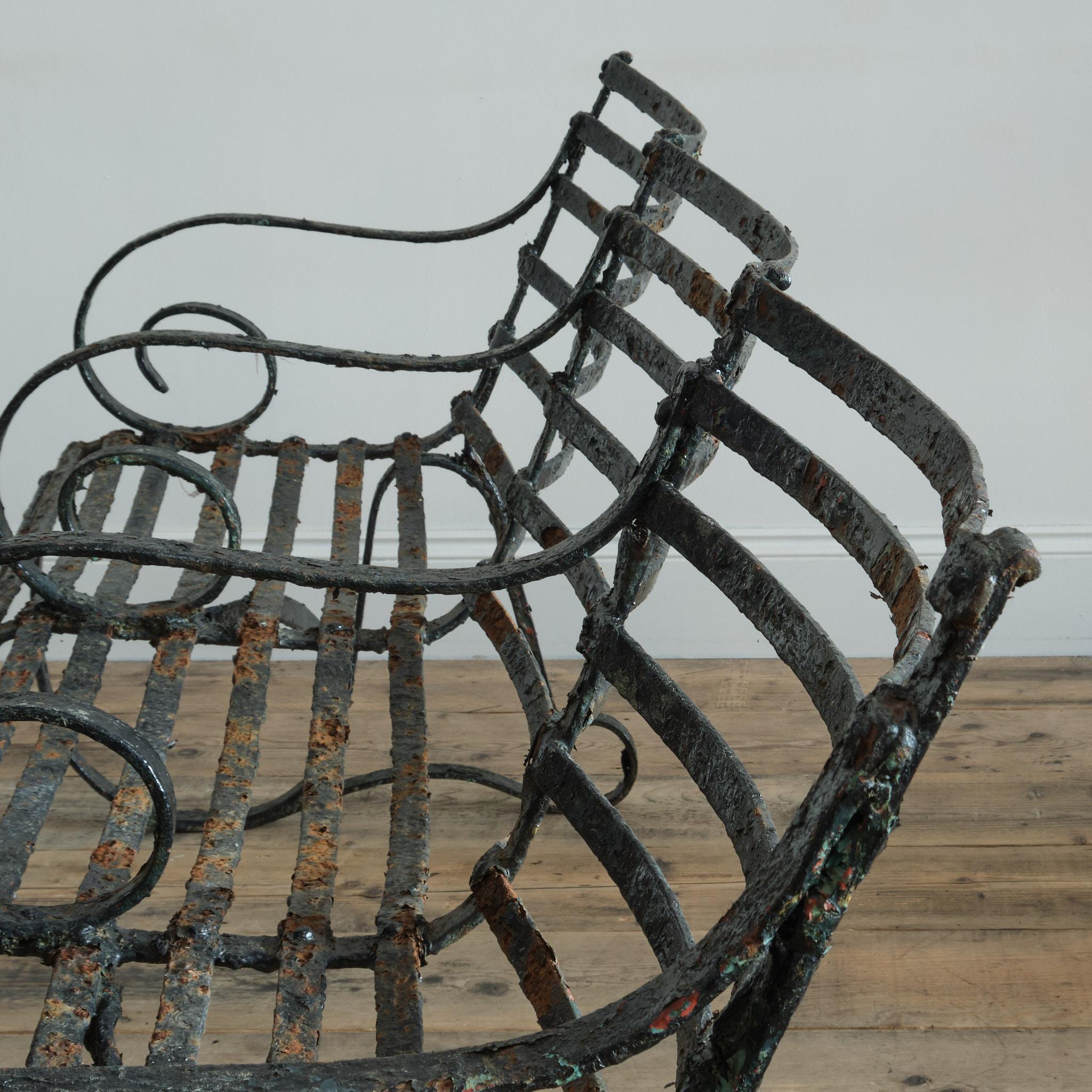 19th Century Wrought Iron Strap Work Garden Bench For Sale 1