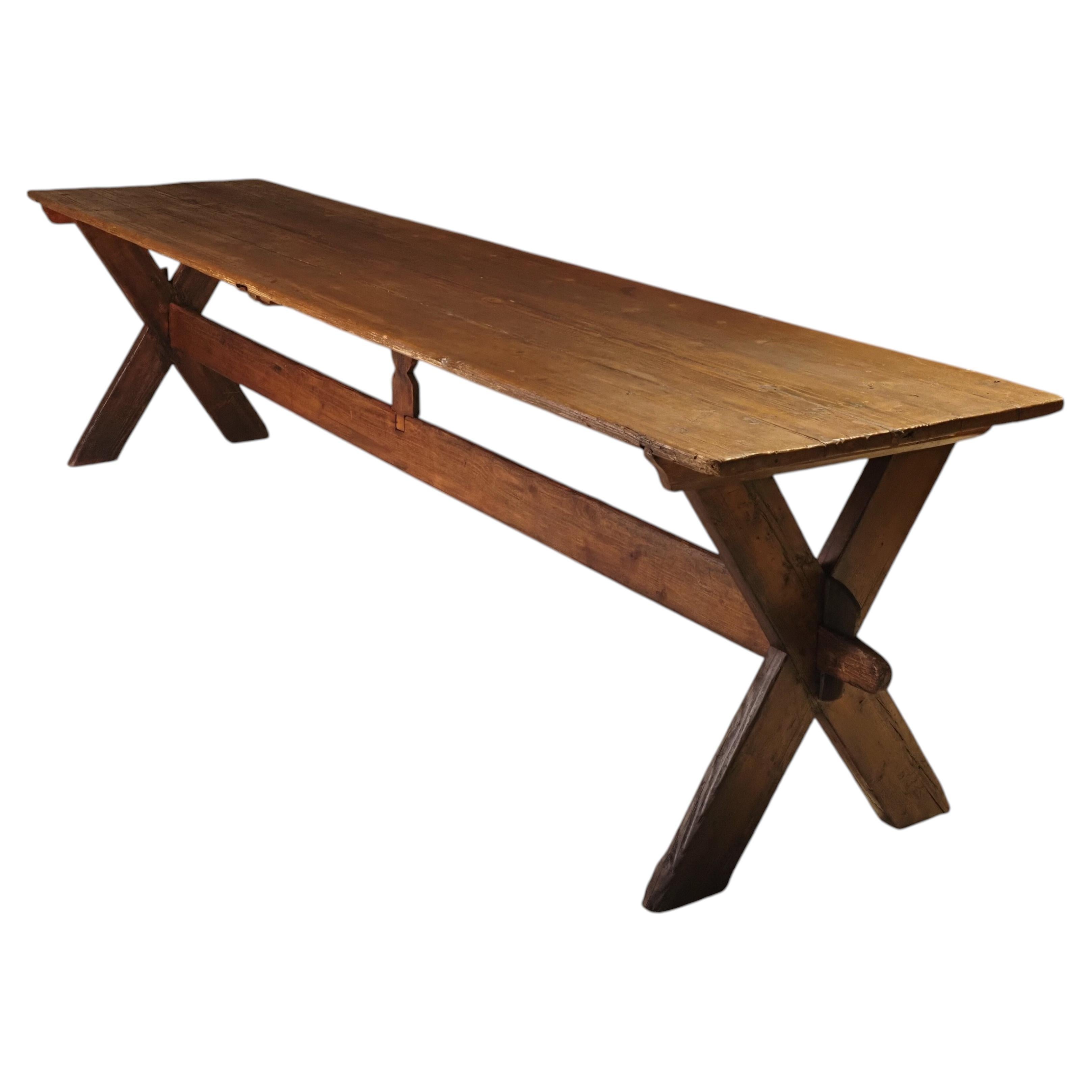 19th Century x frame trestle and cross strecther base table For Sale
