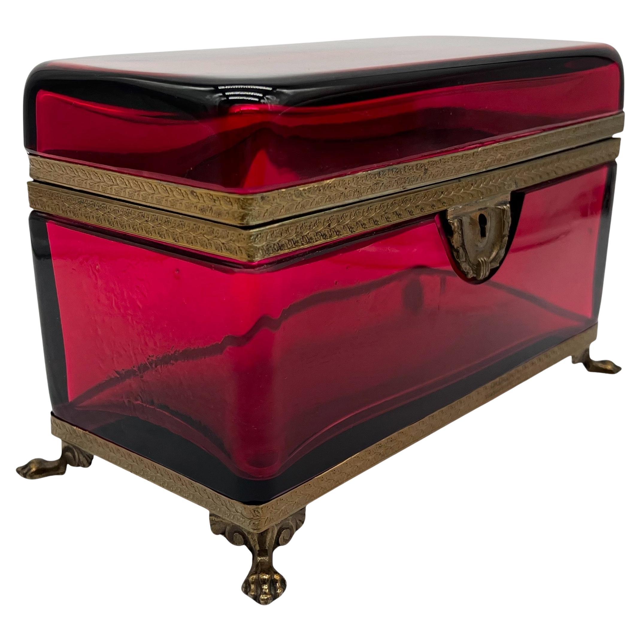 19th Century XL French Rub Red Glass Casket Box with Brass Mounts