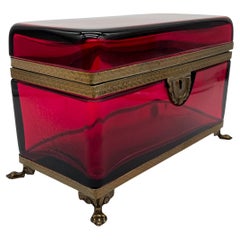 Antique 19th Century XL French Rub Red Glass Casket Box with Brass Mounts
