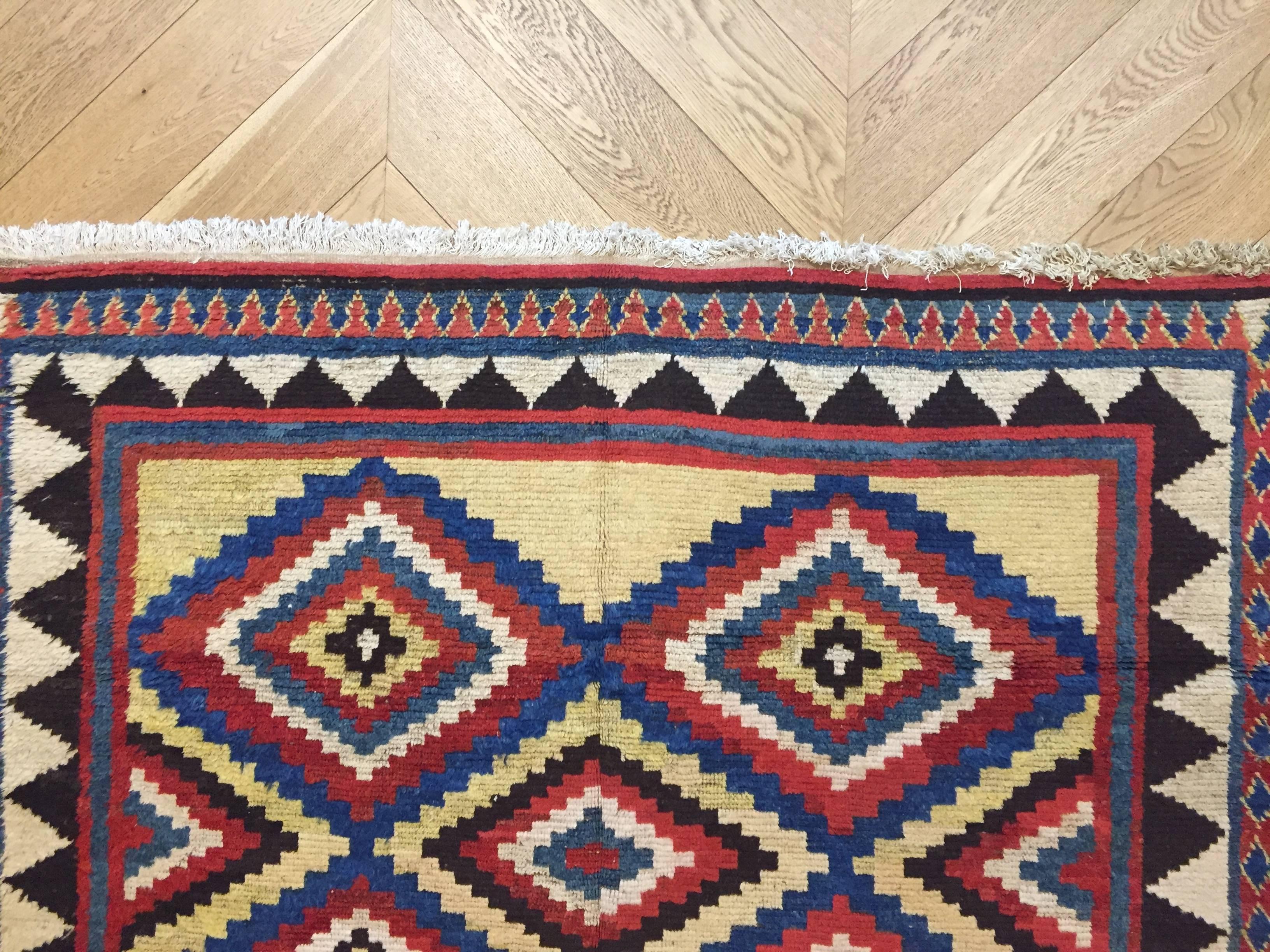 19th Century Yellow and Blu Geometric Wool Hand Knotted Persian Gabbeh Rug, 1870 5
