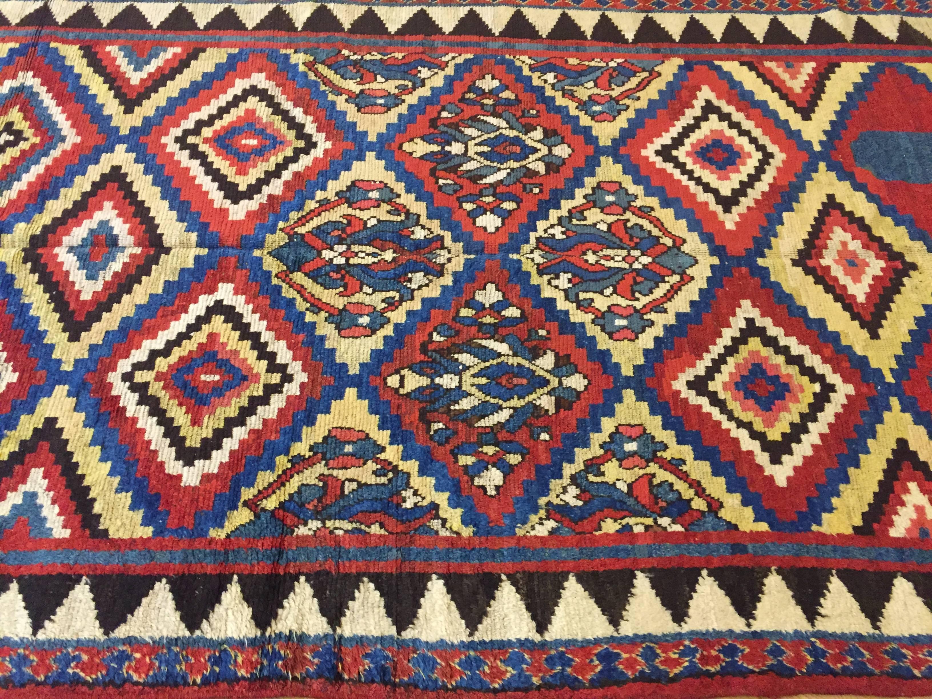 19th Century Yellow and Blu Geometric Wool Hand Knotted Persian Gabbeh Rug, 1870 8