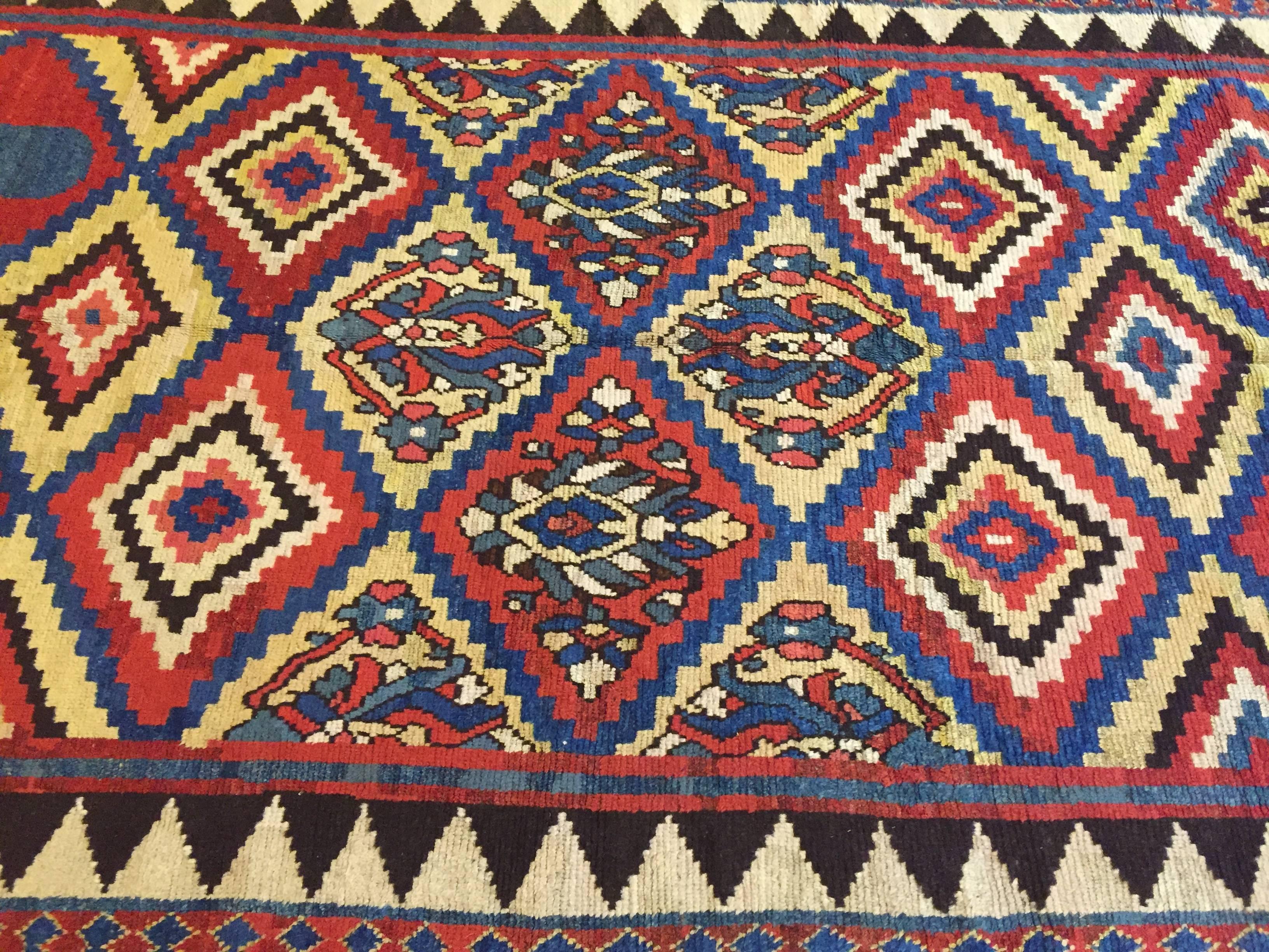 19th Century Yellow and Blu Geometric Wool Hand Knotted Persian Gabbeh Rug, 1870 9