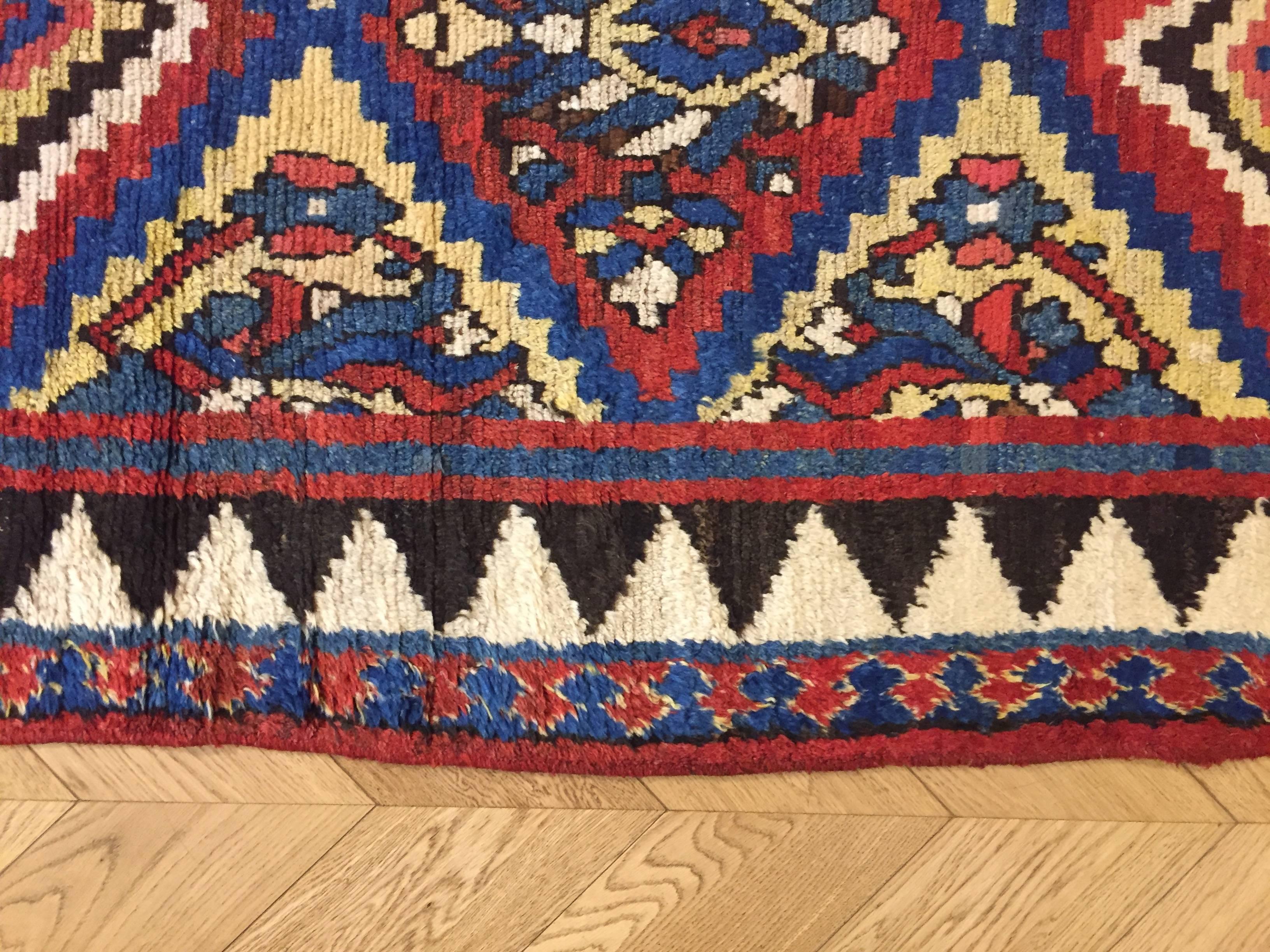 19th Century Yellow and Blu Geometric Wool Hand Knotted Persian Gabbeh Rug, 1870 11