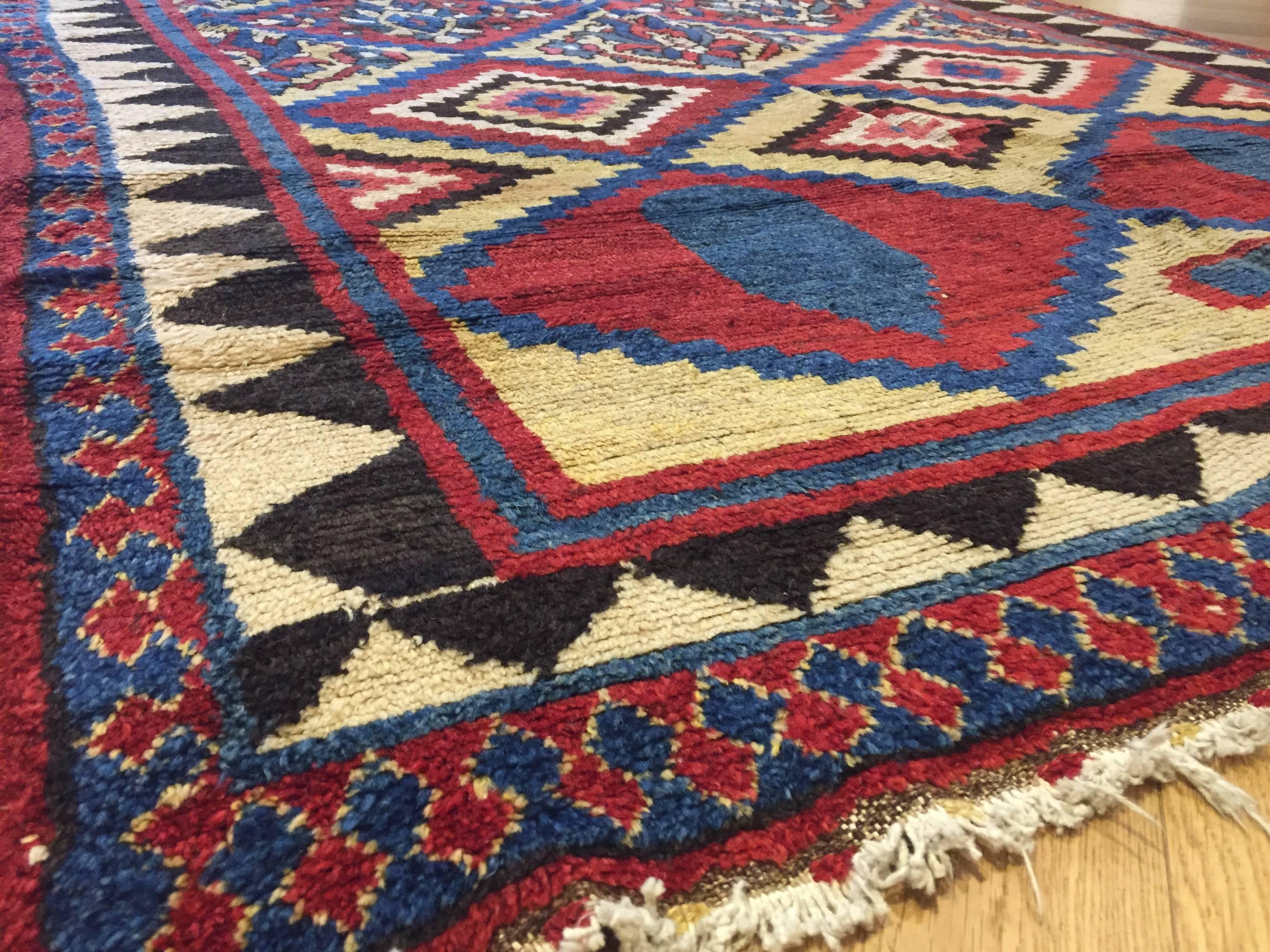 Tribal 19th Century Yellow and Blu Geometric Wool Hand Knotted Persian Gabbeh Rug, 1870