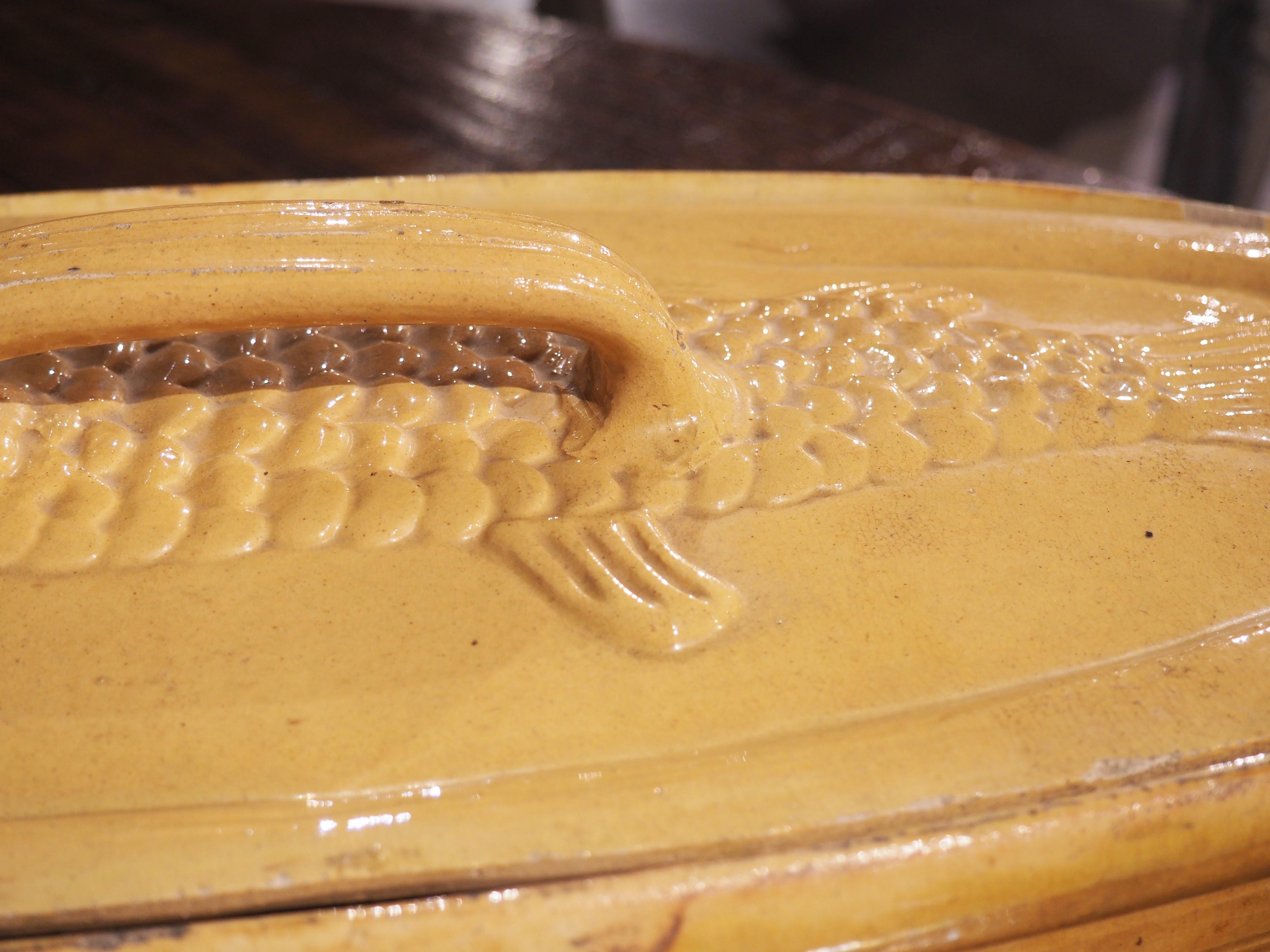 Hand-Painted 19th Century Yellow Glazed Fish Terrine from Alsace, France For Sale