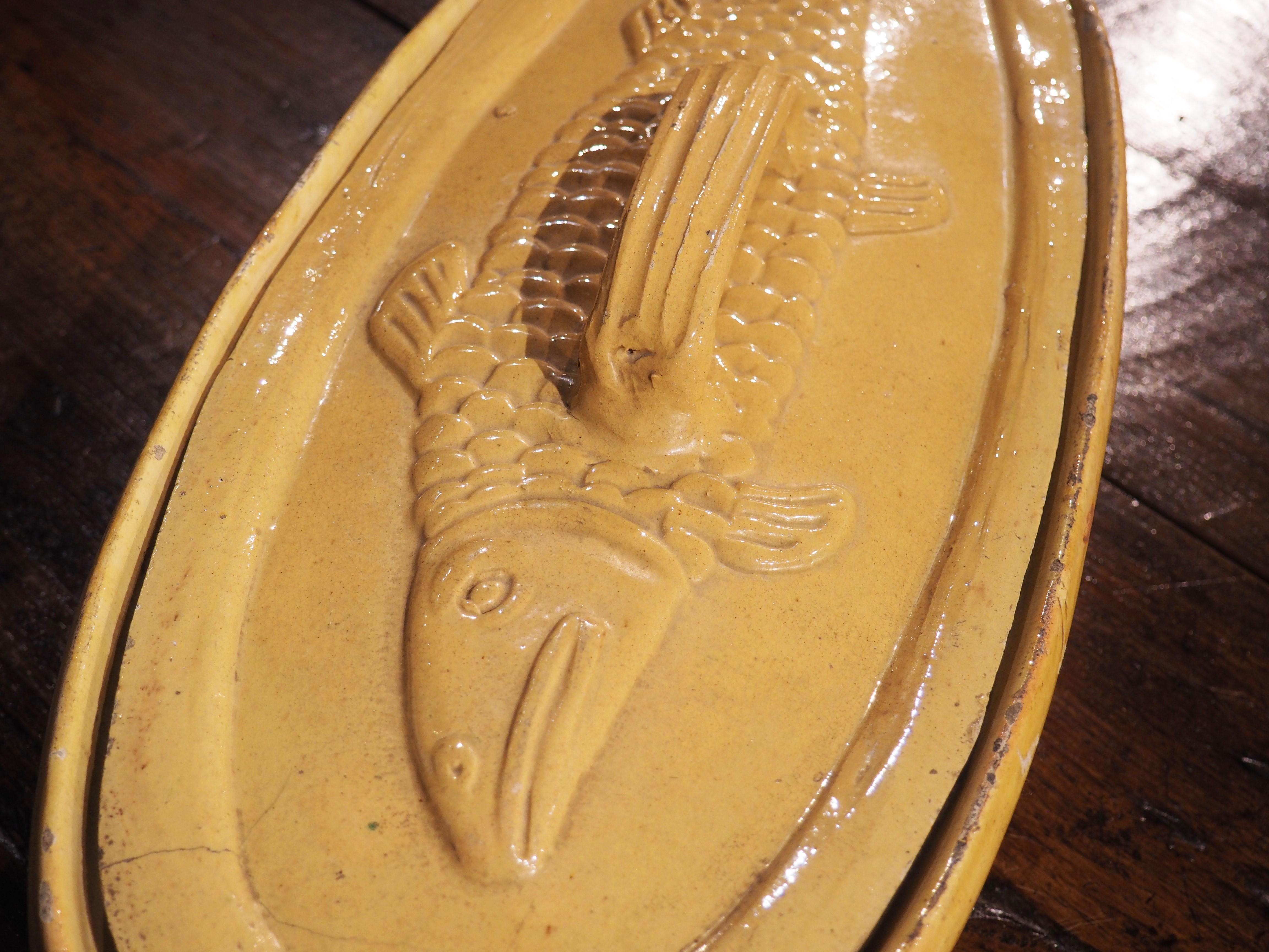 Clay 19th Century Yellow Glazed Fish Terrine from Alsace, France For Sale