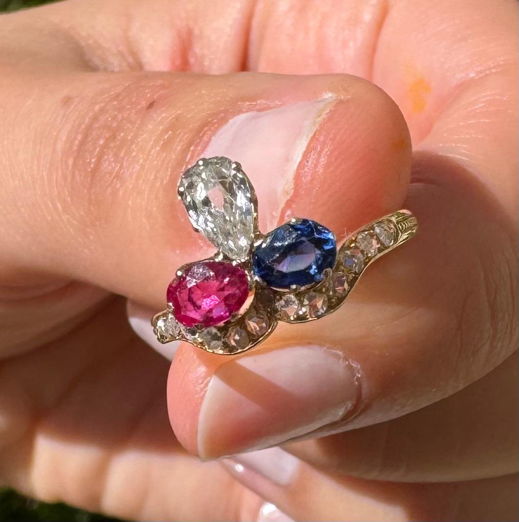 Elevate your antique jewelry collection with this extremely rare and authentic 19th-century Duchess ring, expertly crafted in 18K yellow gold (750 ‰). Central to its elegant oval design is an antique Old-cut pear shaped diamond (≈ 0.50 ct), flanked