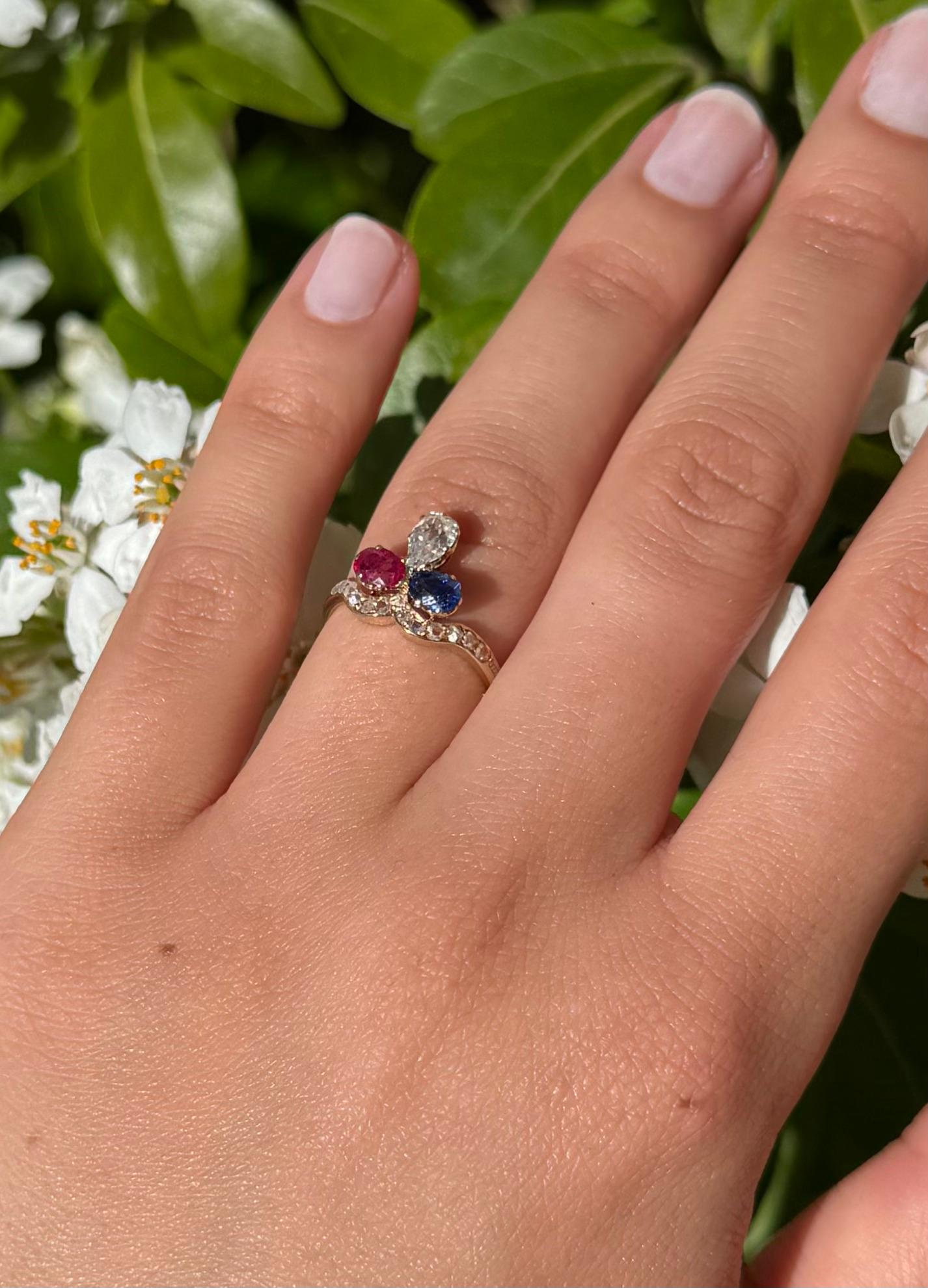 Pear Cut 19th-Century Yellow Gold Duchess Ring Burma Ruby, Ceylon Sapphire, diamonds For Sale
