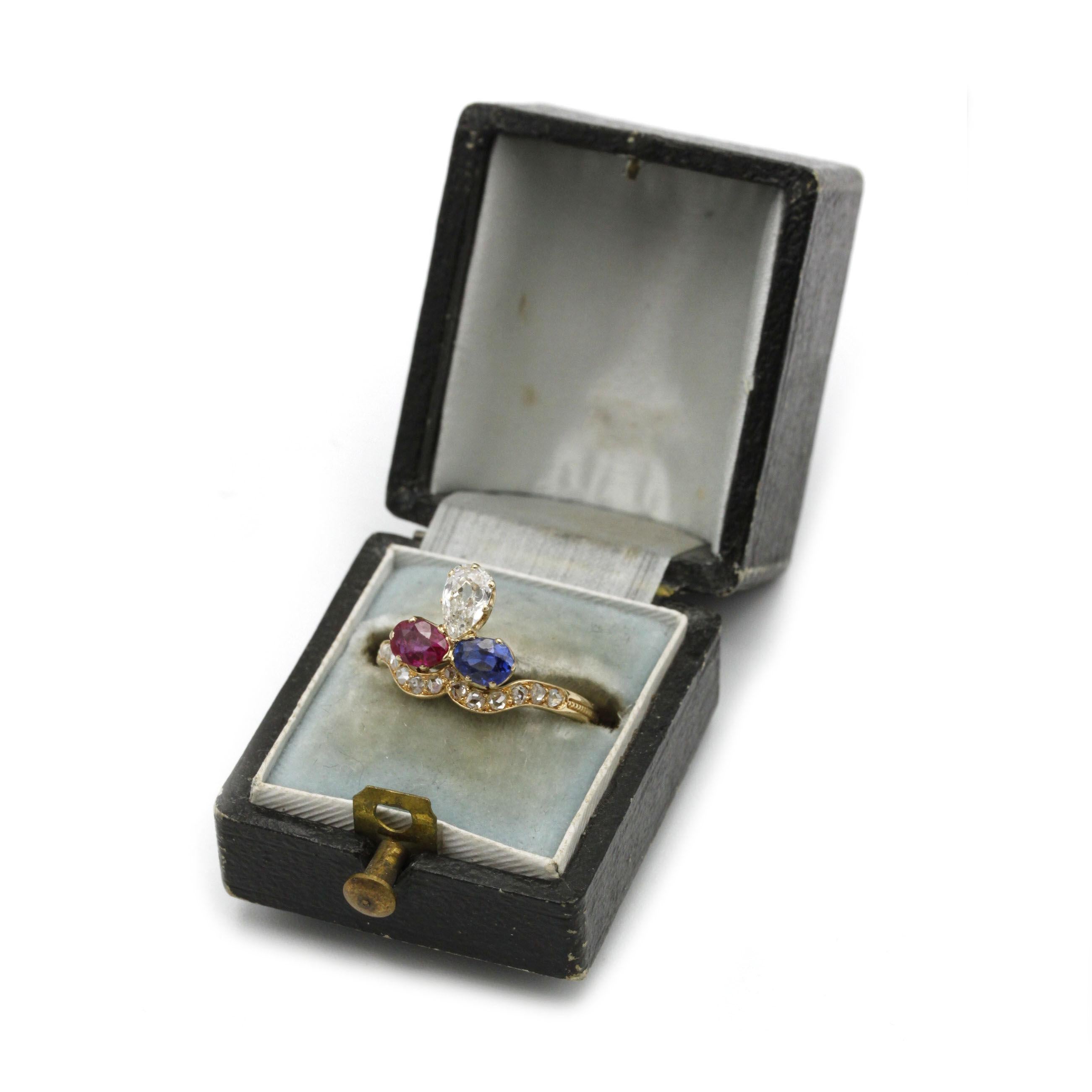 19th-Century Yellow Gold Duchess Ring Burma Ruby, Ceylon Sapphire, diamonds For Sale 2