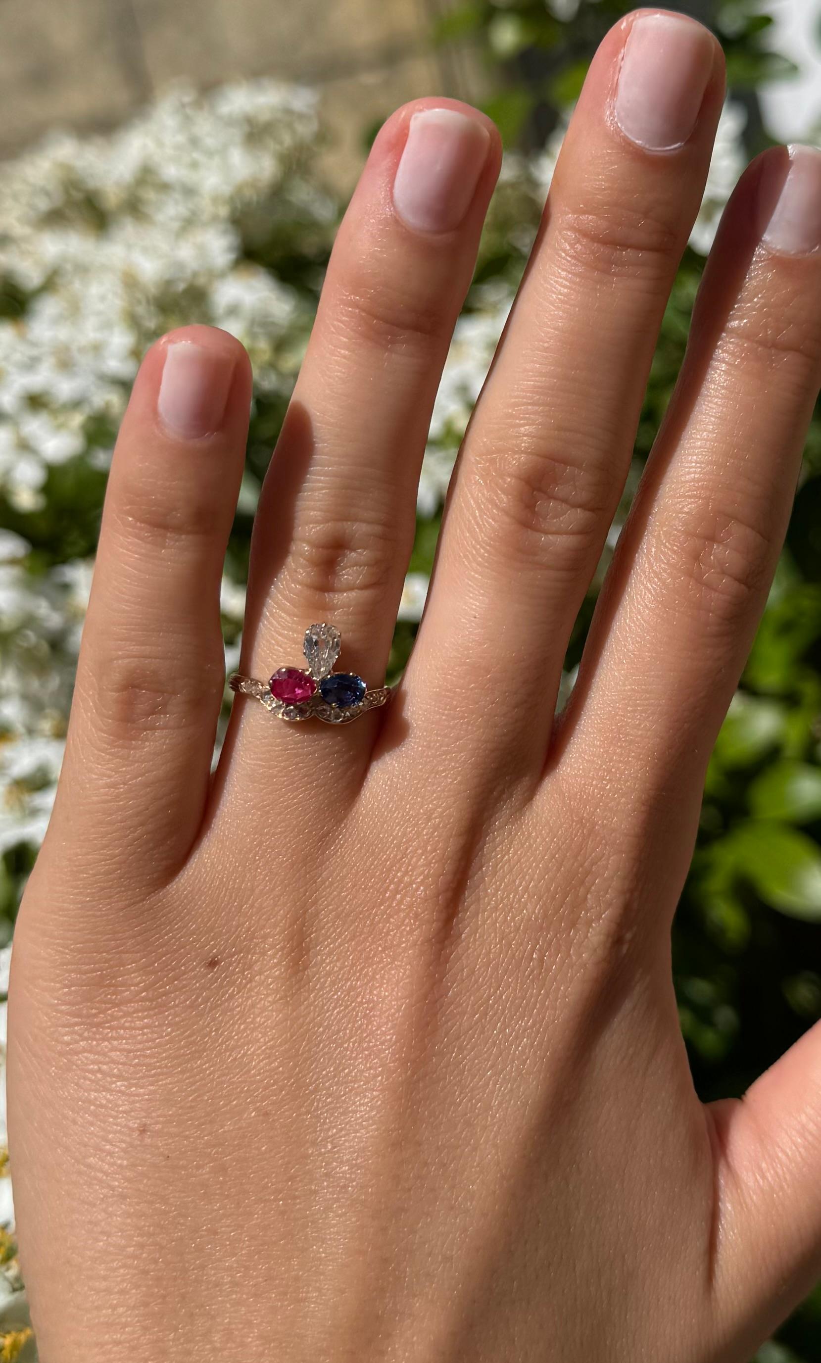 19th-Century Yellow Gold Duchess Ring Burma Ruby, Ceylon Sapphire, diamonds For Sale 3