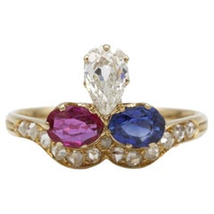 Antique 19th-Century Yellow Gold Duchess Ring Burma Ruby, Ceylon Sapphire, diamonds