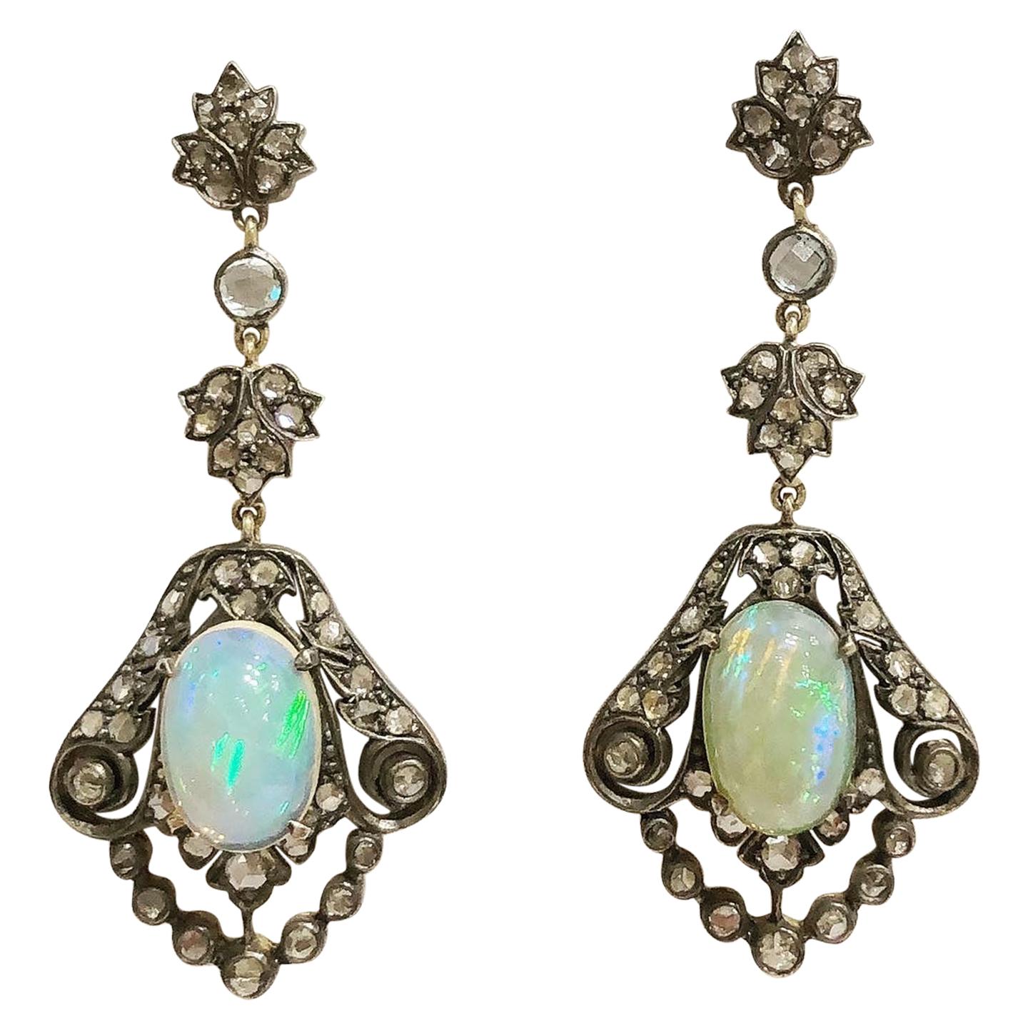 19th Century 18k Yellow Gold, Silver, Opals and Diamonds Stud Drop Earrings