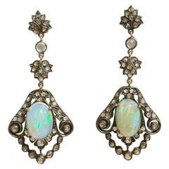 Antique 19th Century 18k Yellow Gold, Silver, Opals and Diamonds Stud Drop Earrings