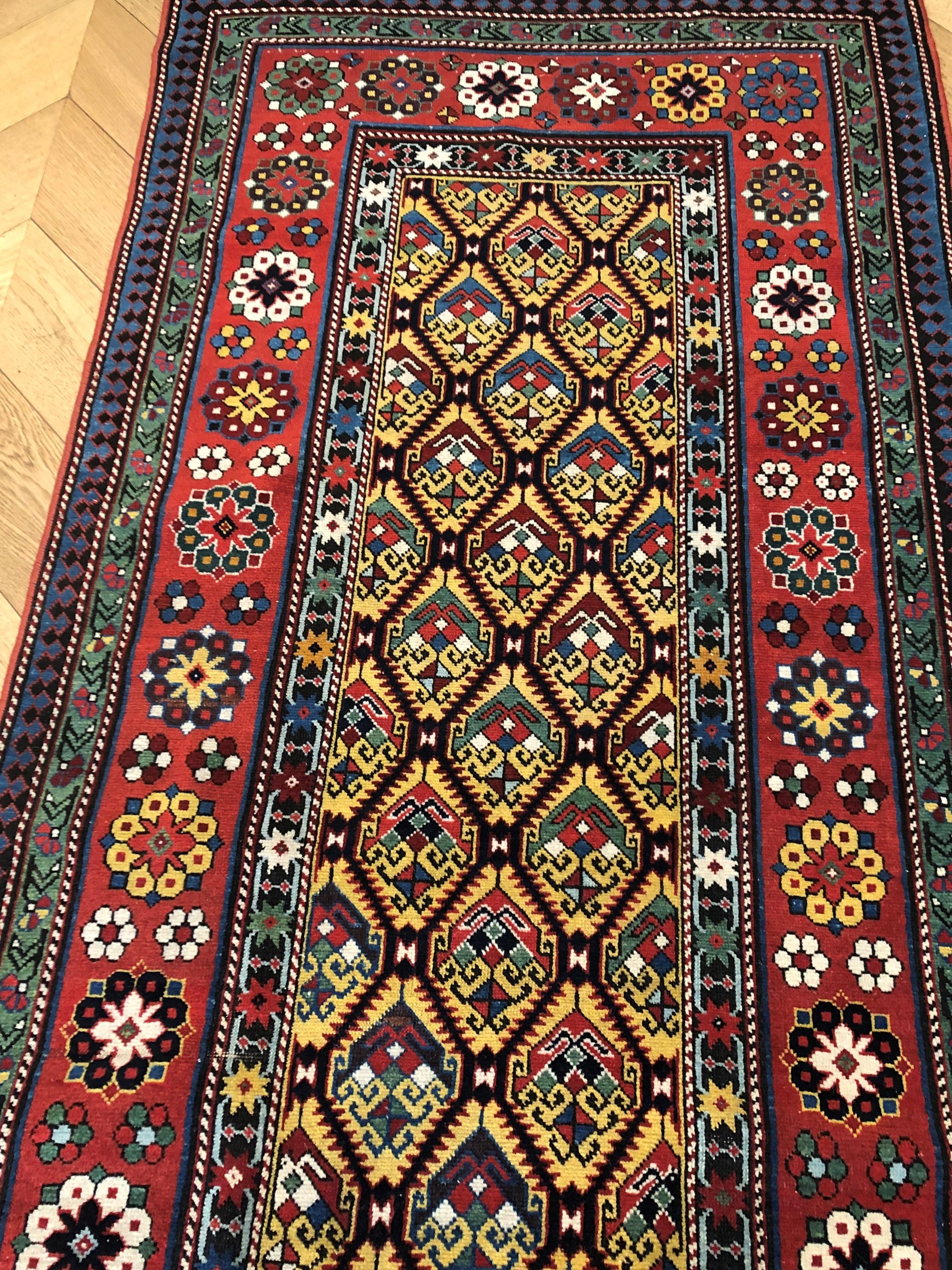 Hand-Knotted 19th Century Yellow Green Red Caucasian Talish Rug, € 7500 For Sale