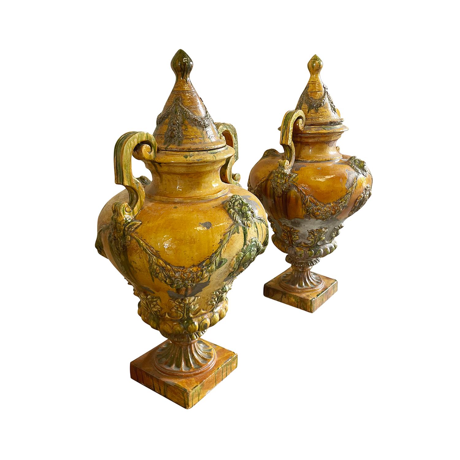 Glazed 19th Century Yellow Italian Pair of Antique Ceramic Urns, Garden Ornaments For Sale