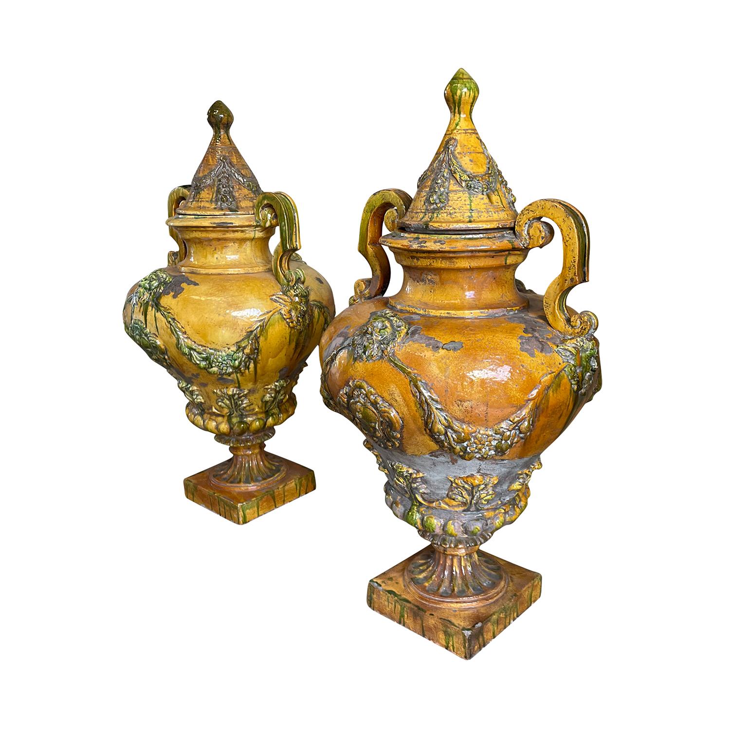 19th Century Yellow Italian Pair of Antique Ceramic Urns, Garden Ornaments In Good Condition For Sale In West Palm Beach, FL