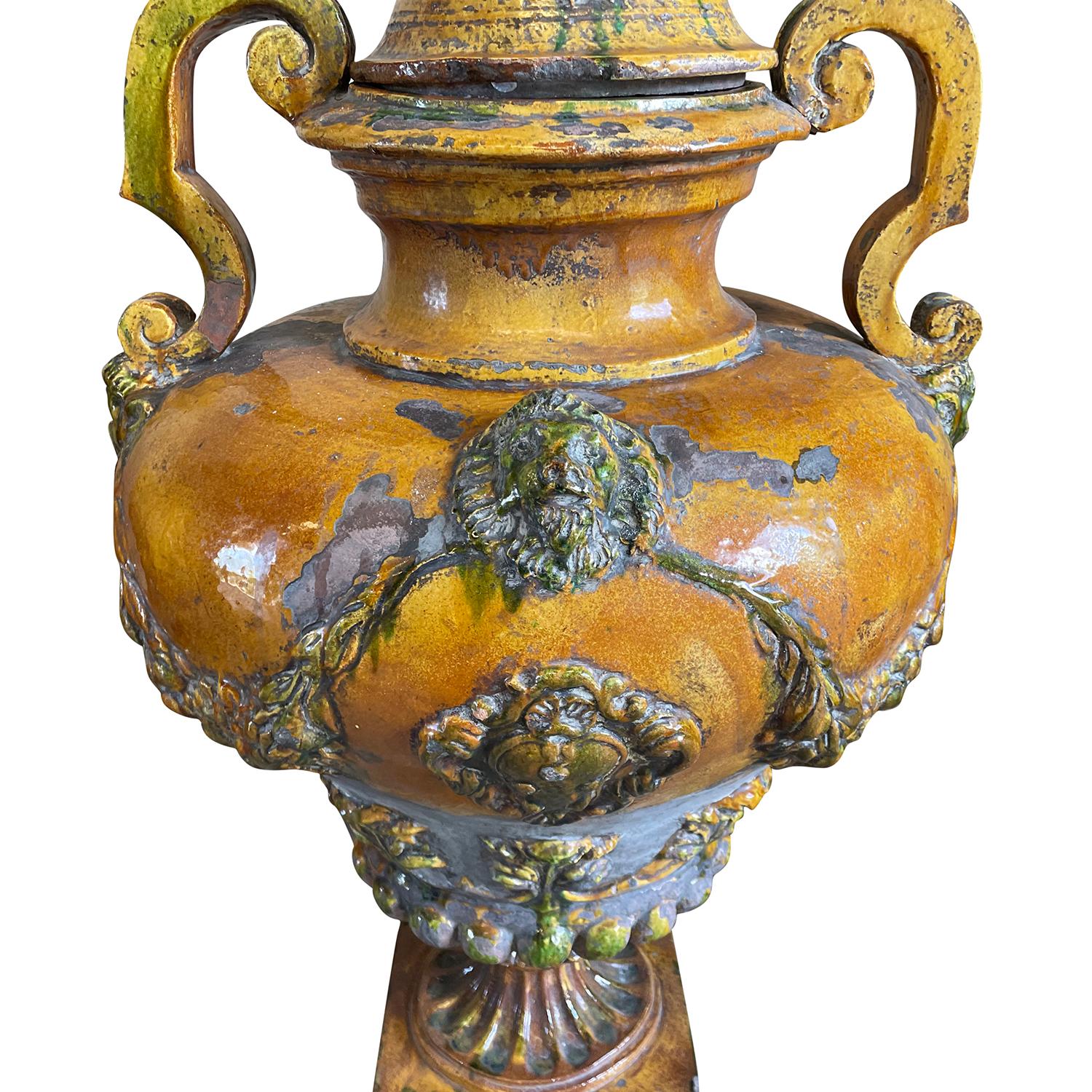19th Century Yellow Italian Pair of Antique Ceramic Urns, Garden Ornaments For Sale 1