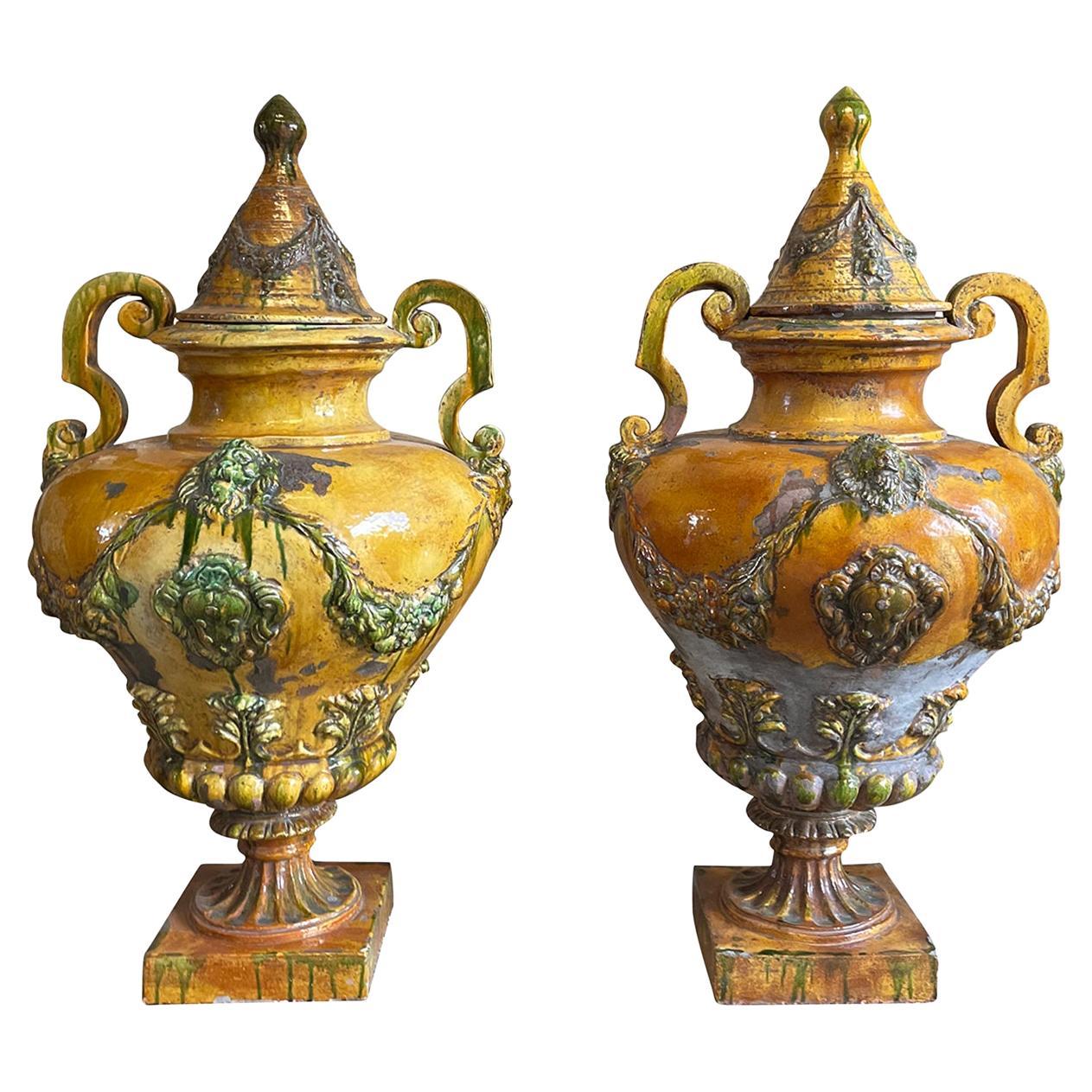 19th Century Yellow Italian Pair of Antique Ceramic Urns, Garden Ornaments For Sale