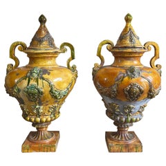 19th Century Yellow Italian Pair of Antique Ceramic Urns, Garden Ornaments