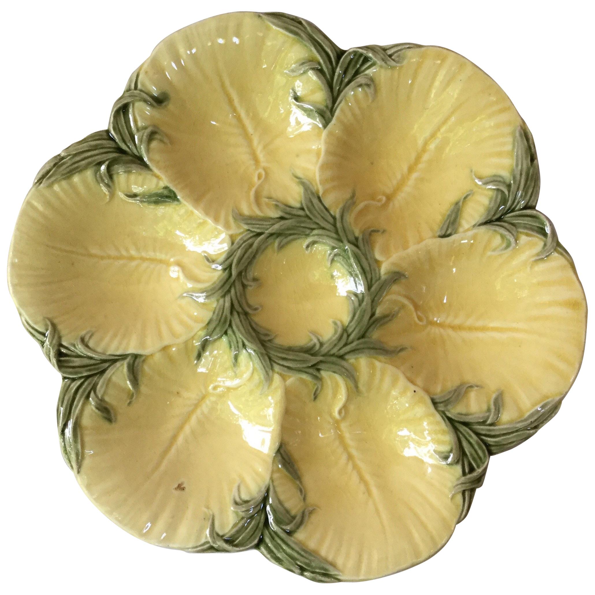 19th Century Yellow Majolica Oyster Plate Luneville