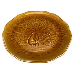 19th Century Yellow Majolica Peacock Plate Choisy Le Roi