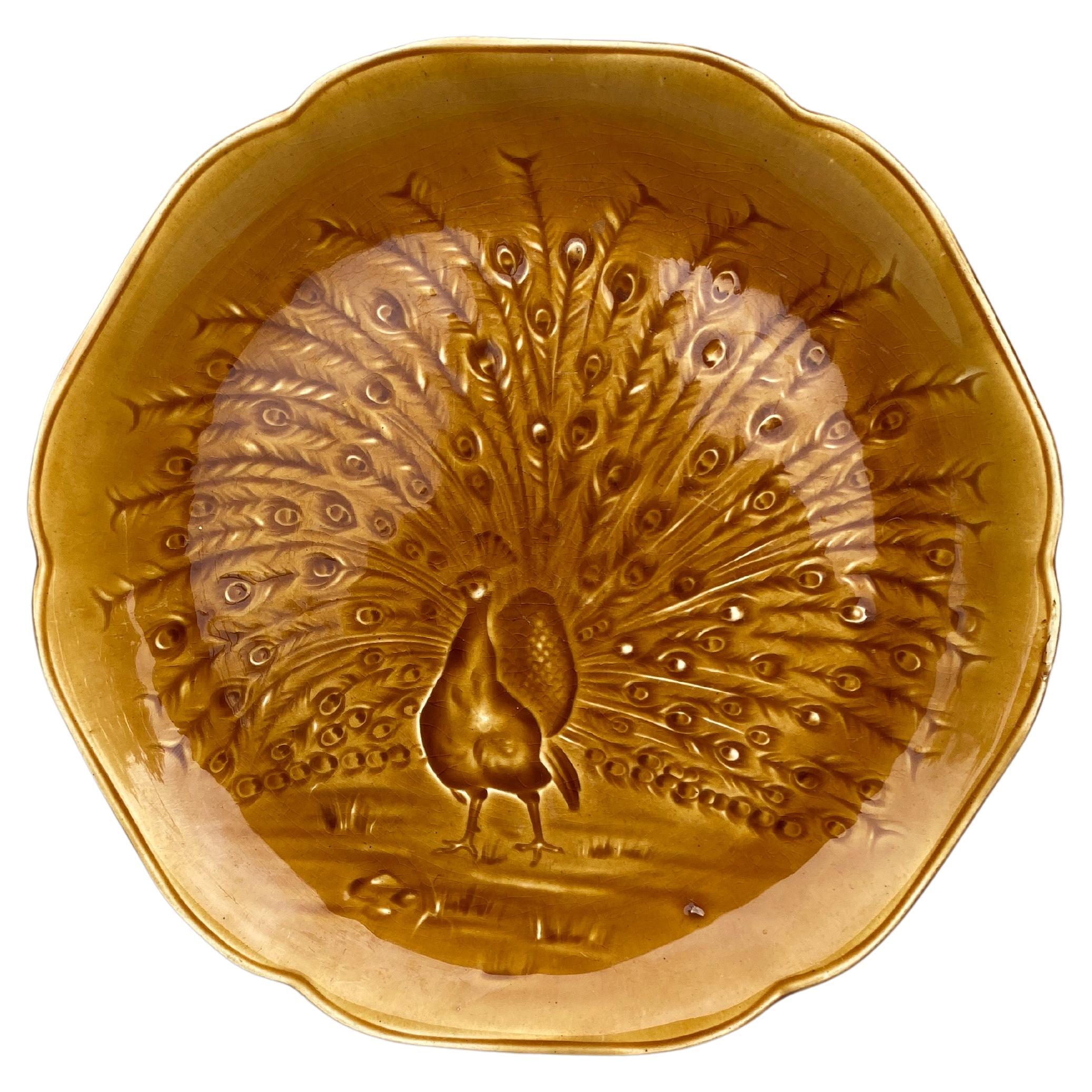 19th Century Yellow Majolica Peacock Plate Choisy Le Roi