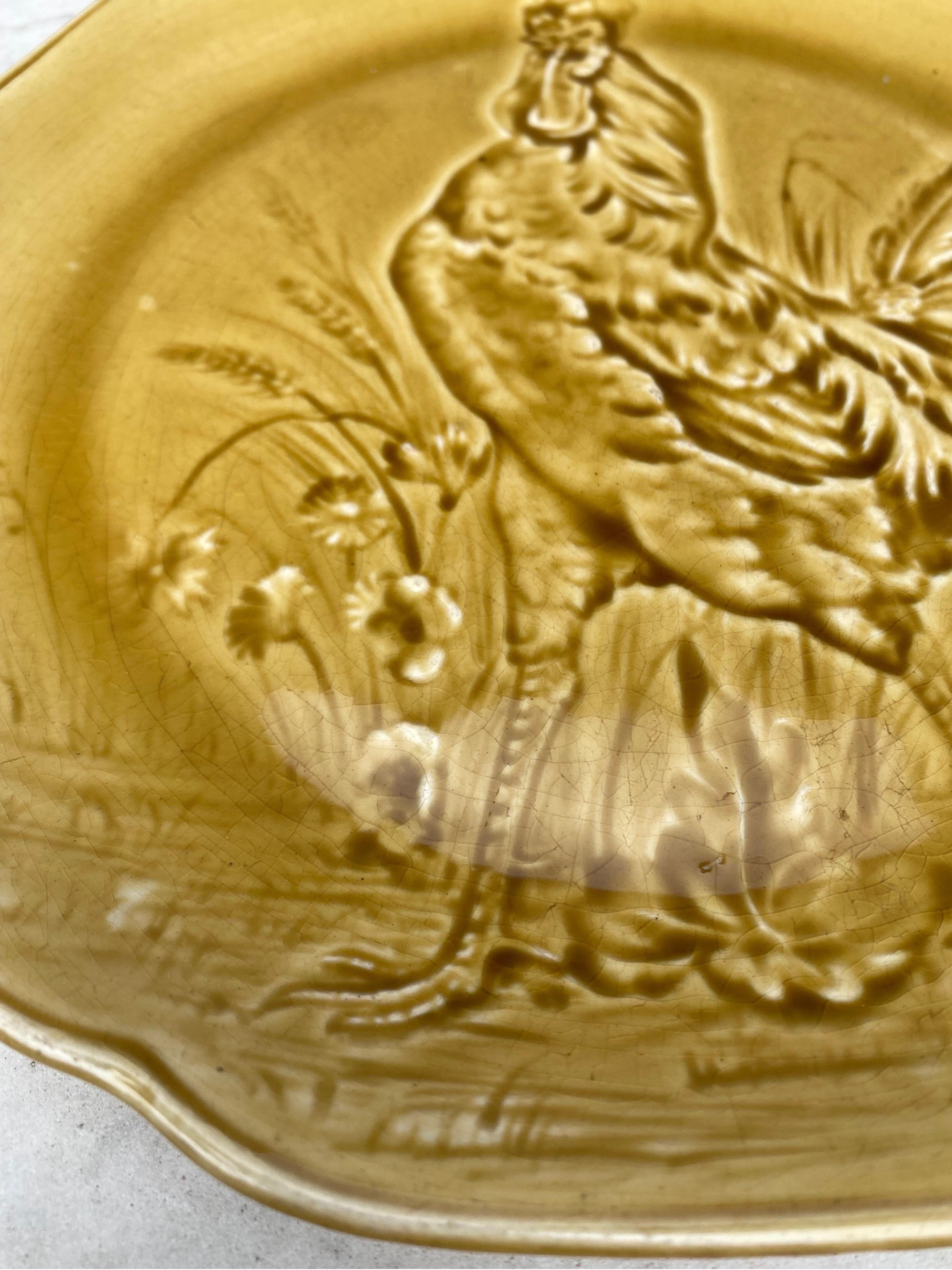 French 19th Century Yellow Majolica Rooster Plate Choisy Le Roi