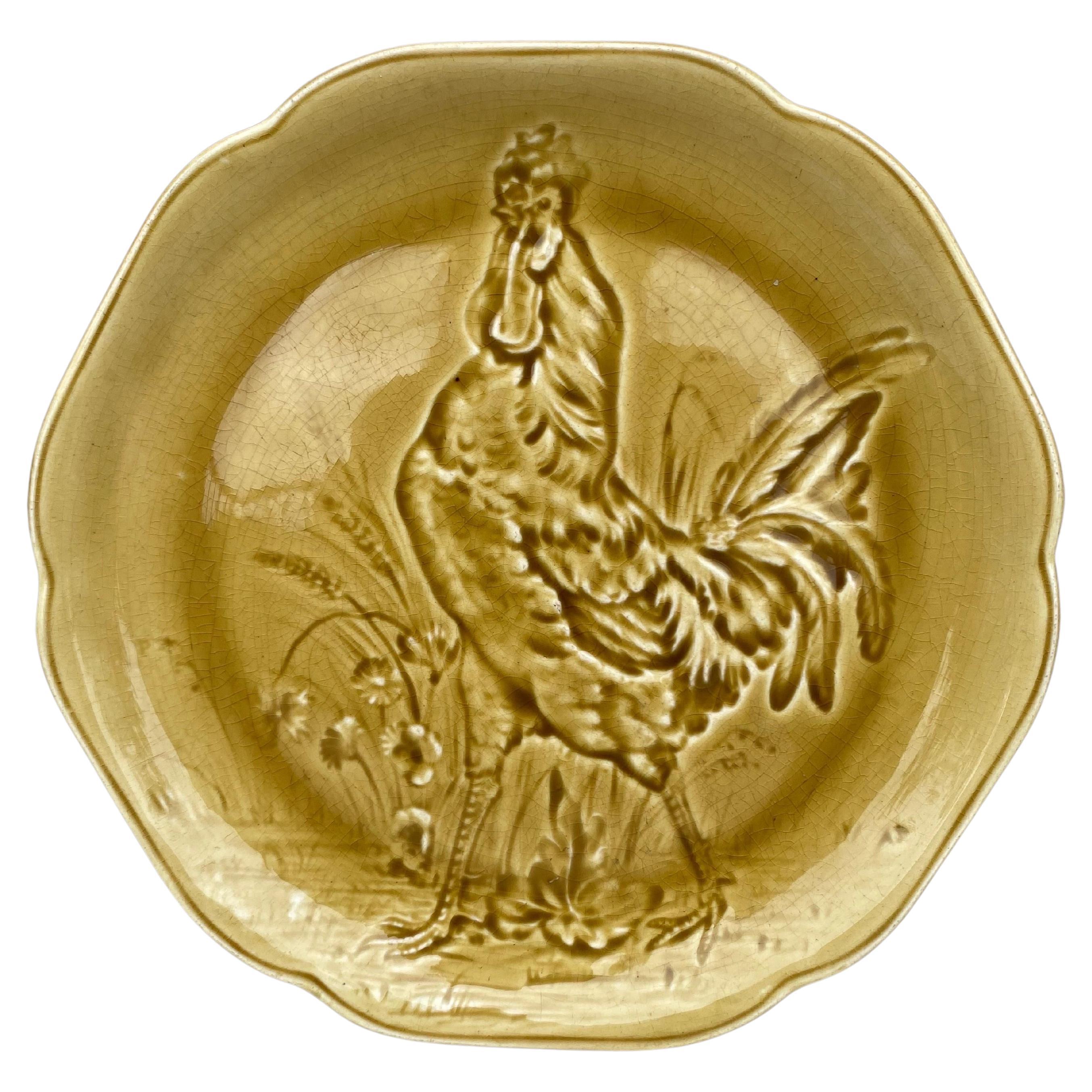 19th Century Yellow Majolica Rooster Plate Choisy Le Roi