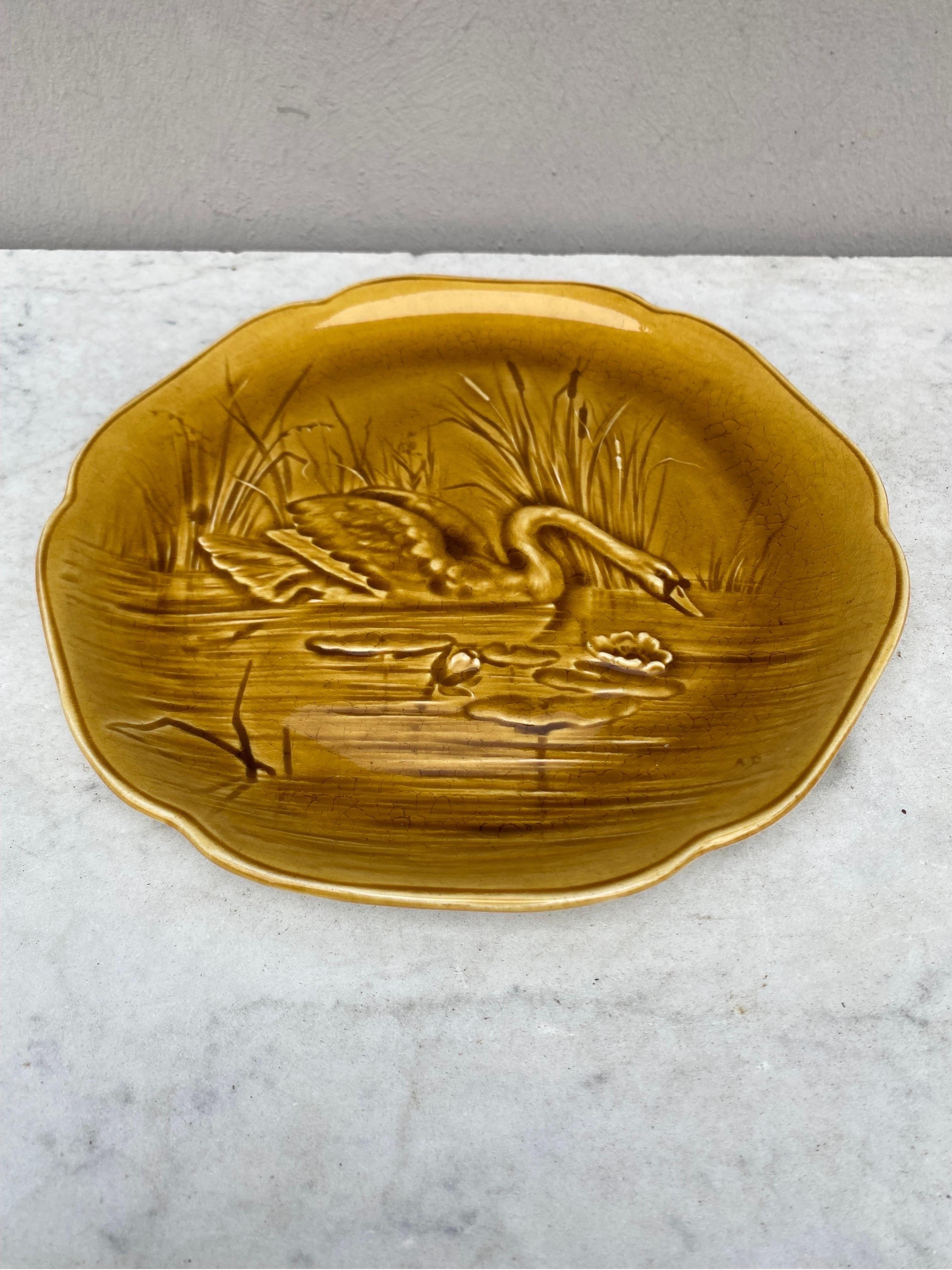 Country 19th Century Yellow Majolica Swan Plate Choisy Le Roi
