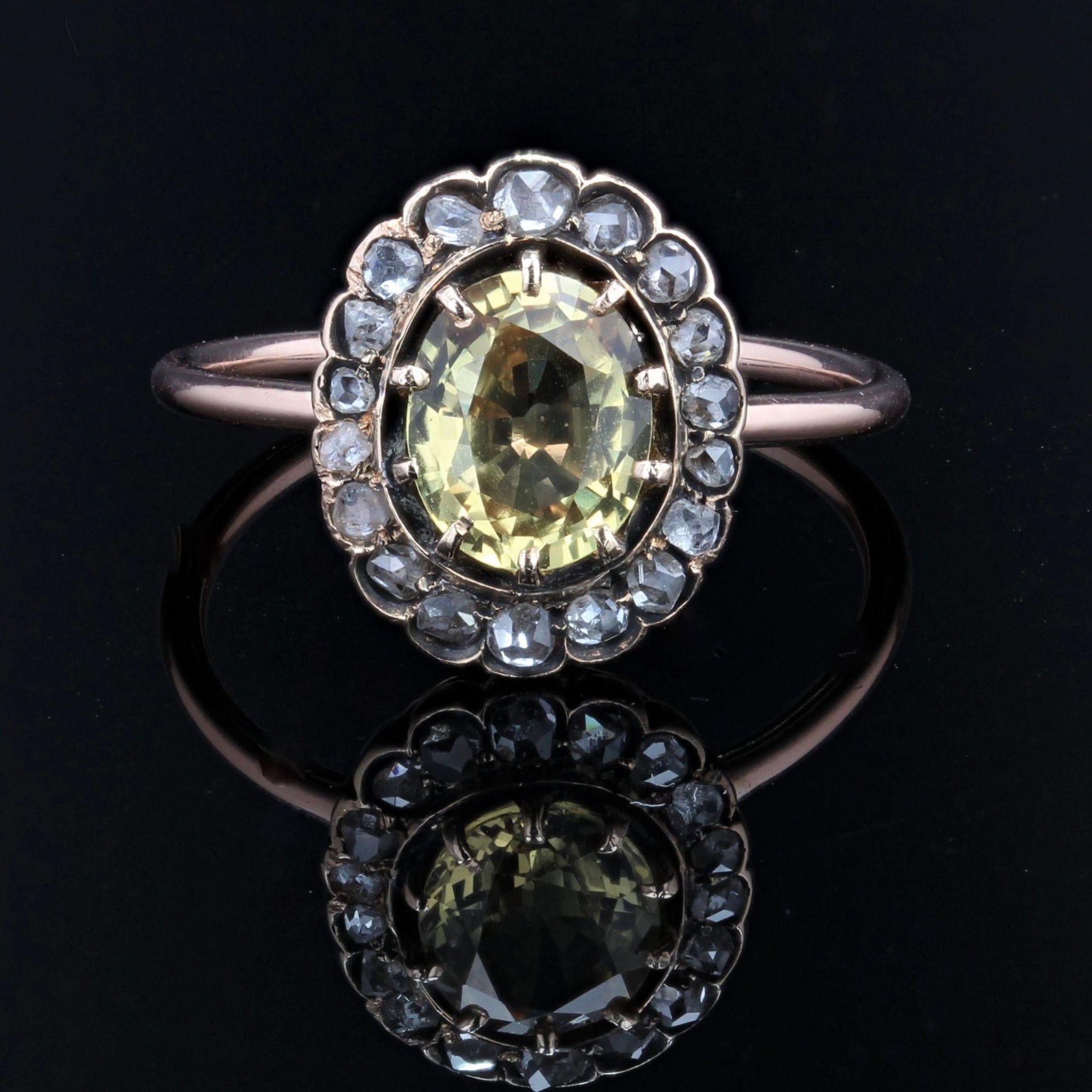 Napoleon III 19th Century Yellow Sapphire Diamonds 18 Karat Rose Gold Ring For Sale