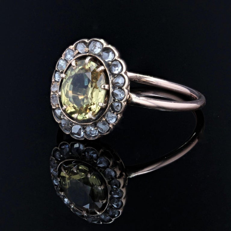 Oval Cut 19th Century Yellow Sapphire Diamonds 18 Karat Rose Gold Ring For Sale