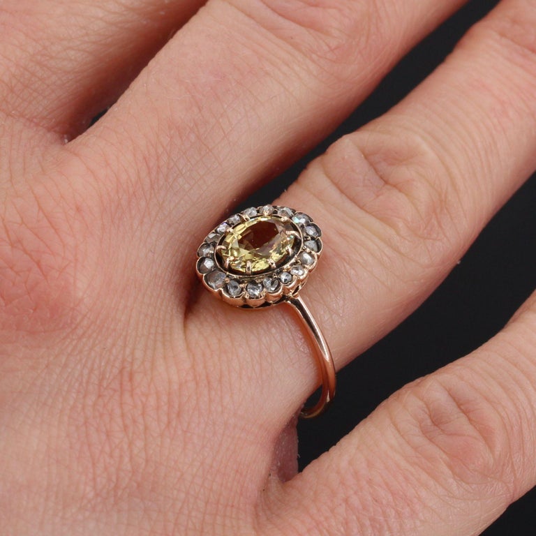 Women's 19th Century Yellow Sapphire Diamonds 18 Karat Rose Gold Ring For Sale