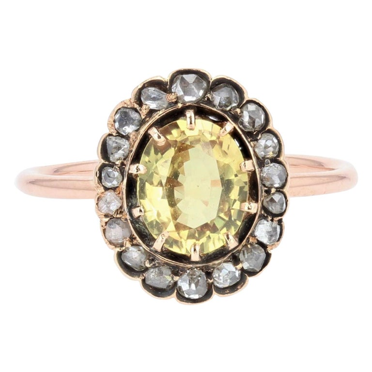 19th Century Yellow Sapphire Diamonds 18 Karat Rose Gold Ring For Sale