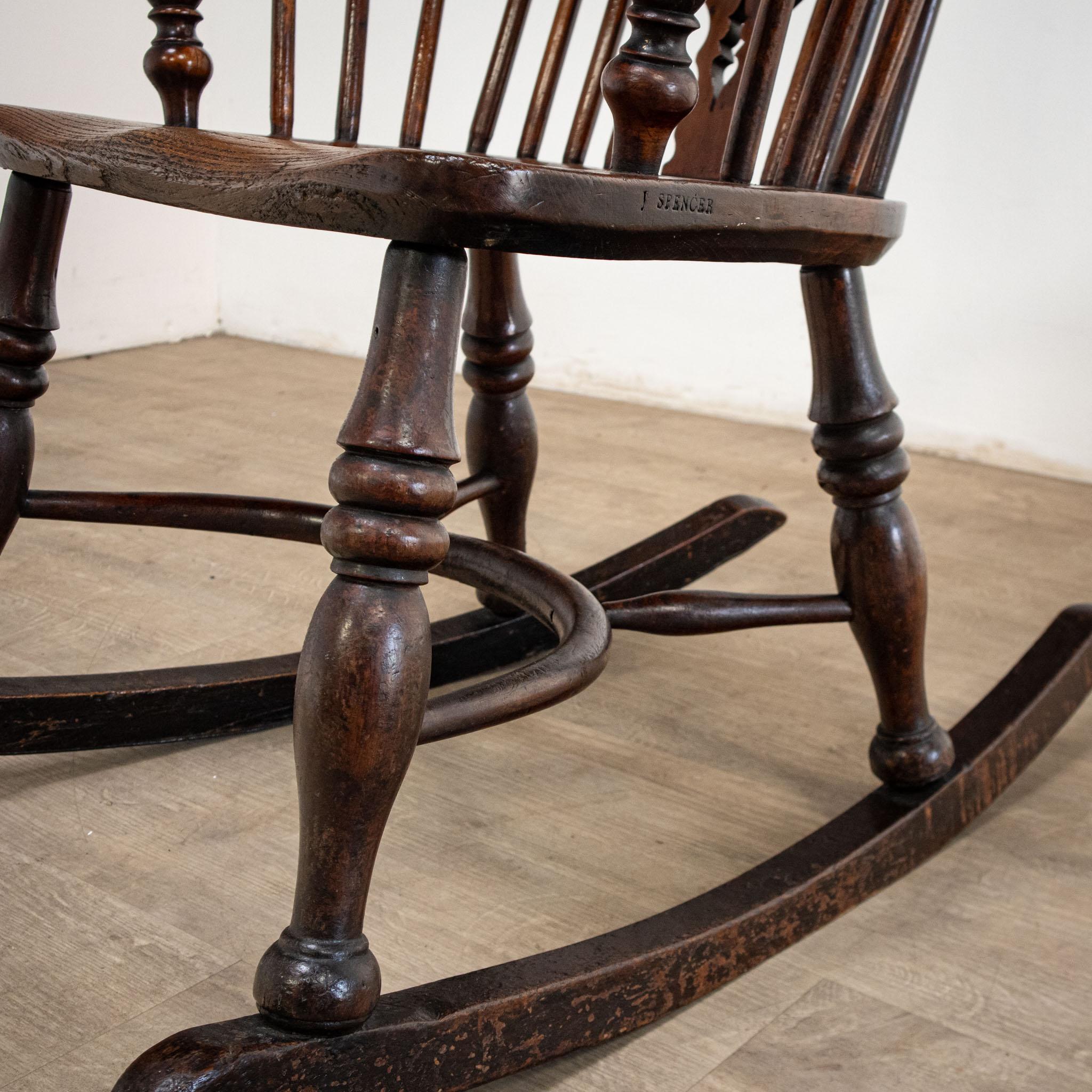 19th Century Yew Rocking Chair by J. Spencer For Sale 8