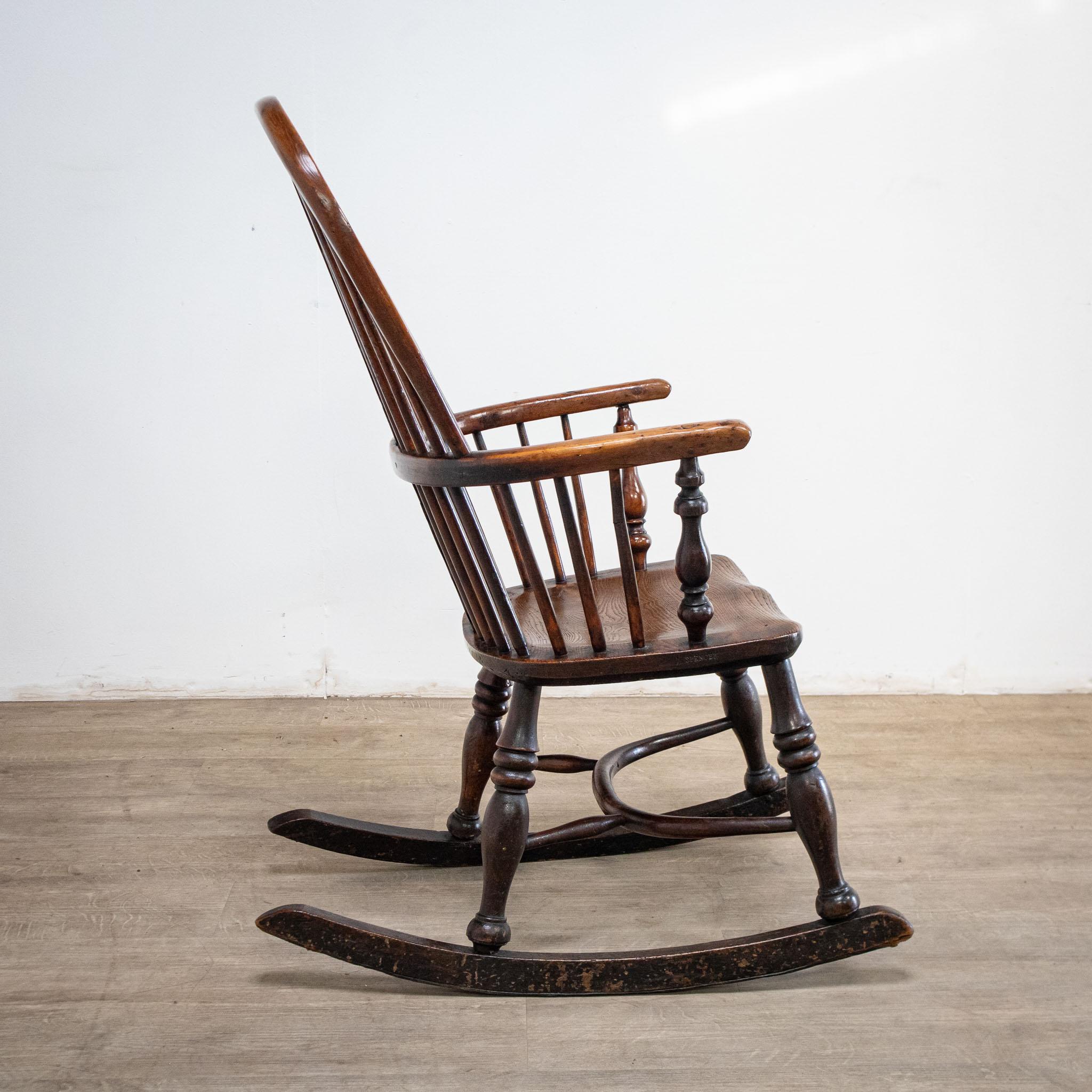 19th Century Yew Rocking Chair by J. Spencer For Sale 1