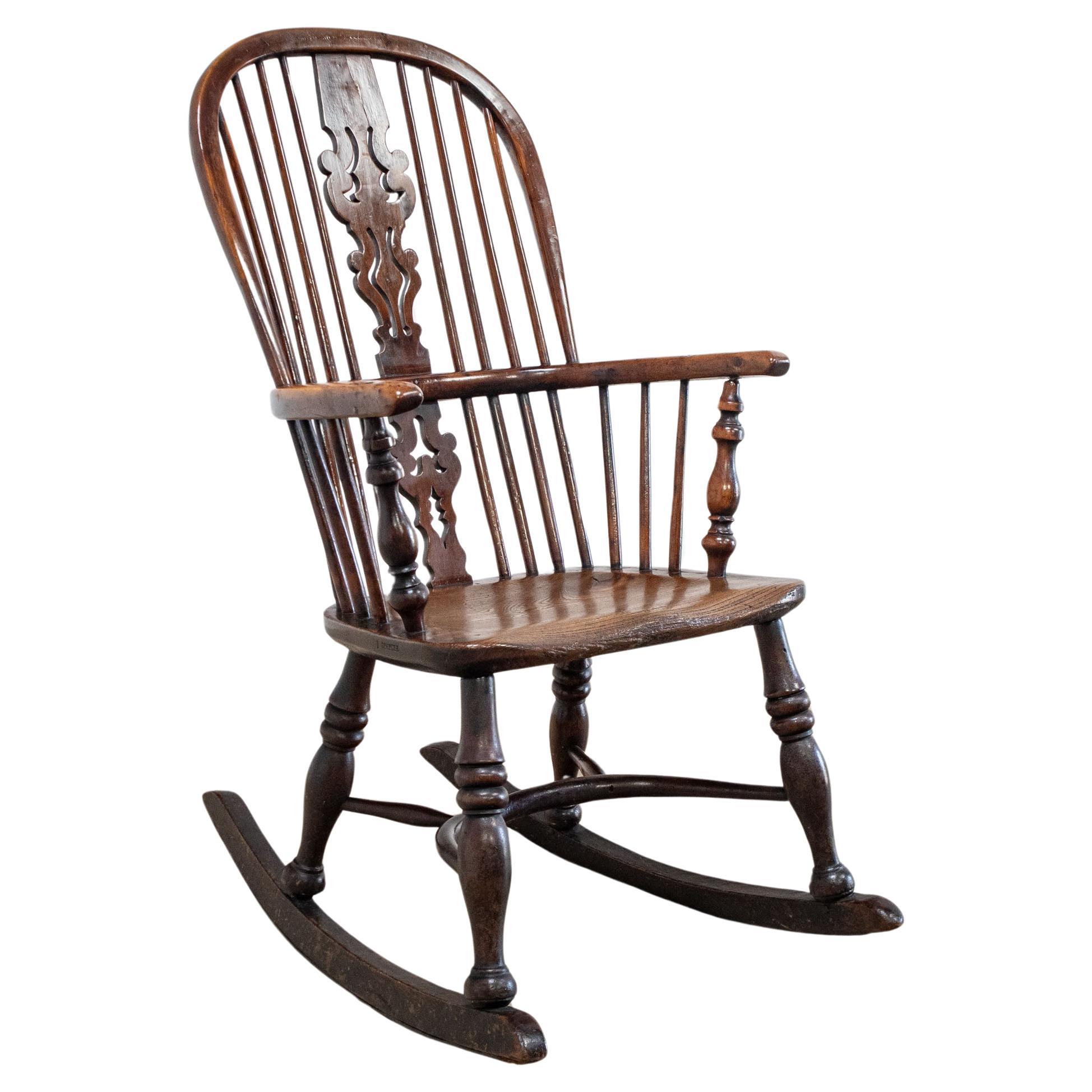 19th Century Yew Rocking Chair by J. Spencer For Sale