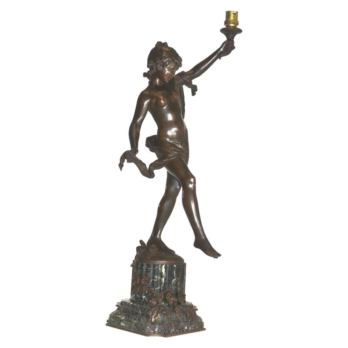 19th Century Young Girl Carrying a Torch on a Green Marble Base by Moreau