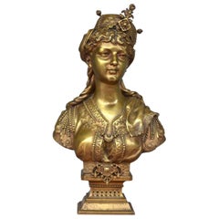 19th Century "Young Oriental Woman" Bronze Bust with Golden Patina