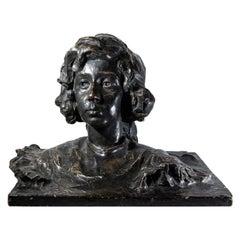 19th Century Young Woman Portrait Plaster Sculpture