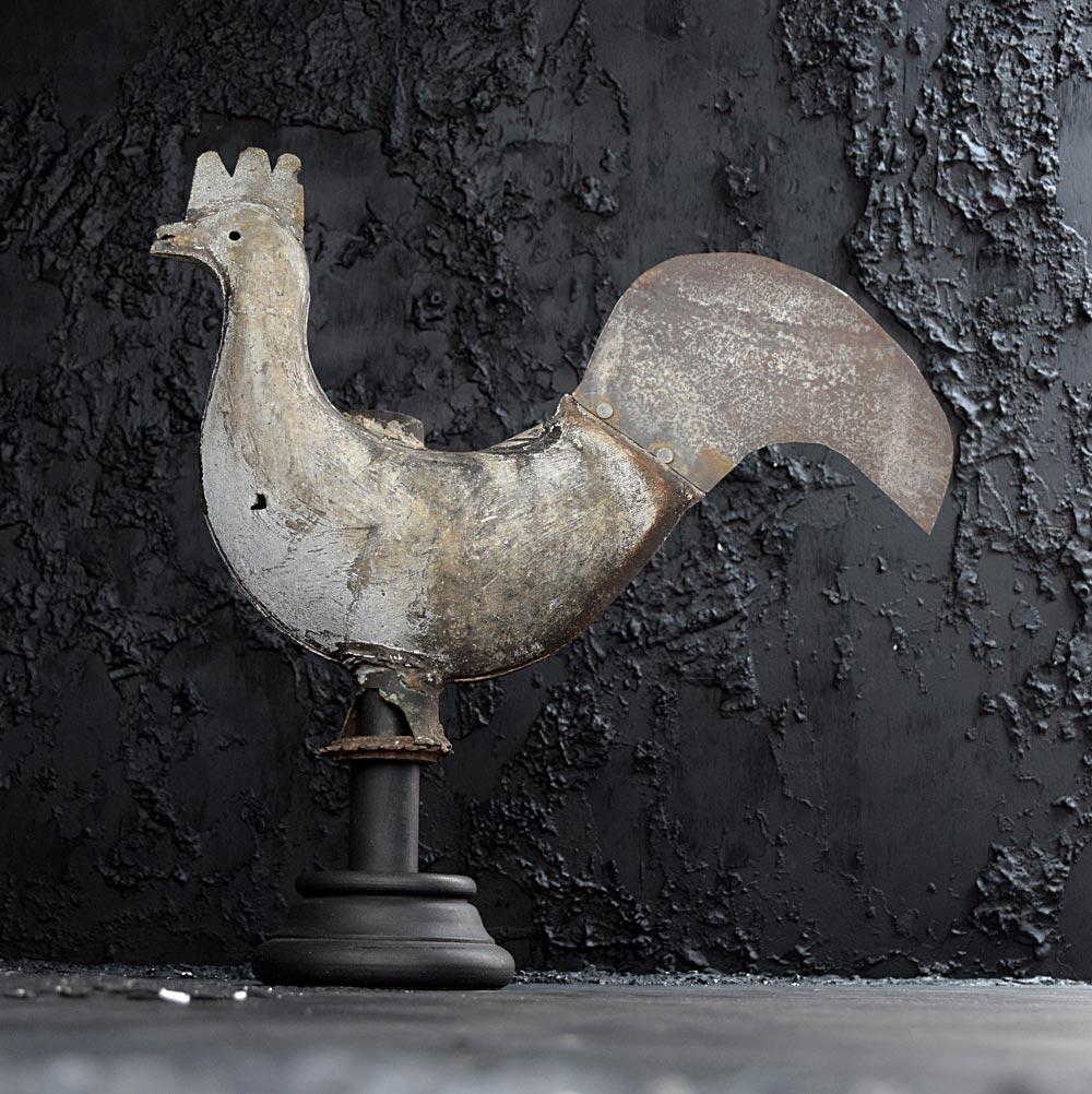 19th century zinc cockerel weathervane.
We are proud to offer a late 19th Century zine weathervane in the form of a folk-art cockerel. In its untouched form this highly decorative object boasts a heavy weathered surface and lots of natural wear. In