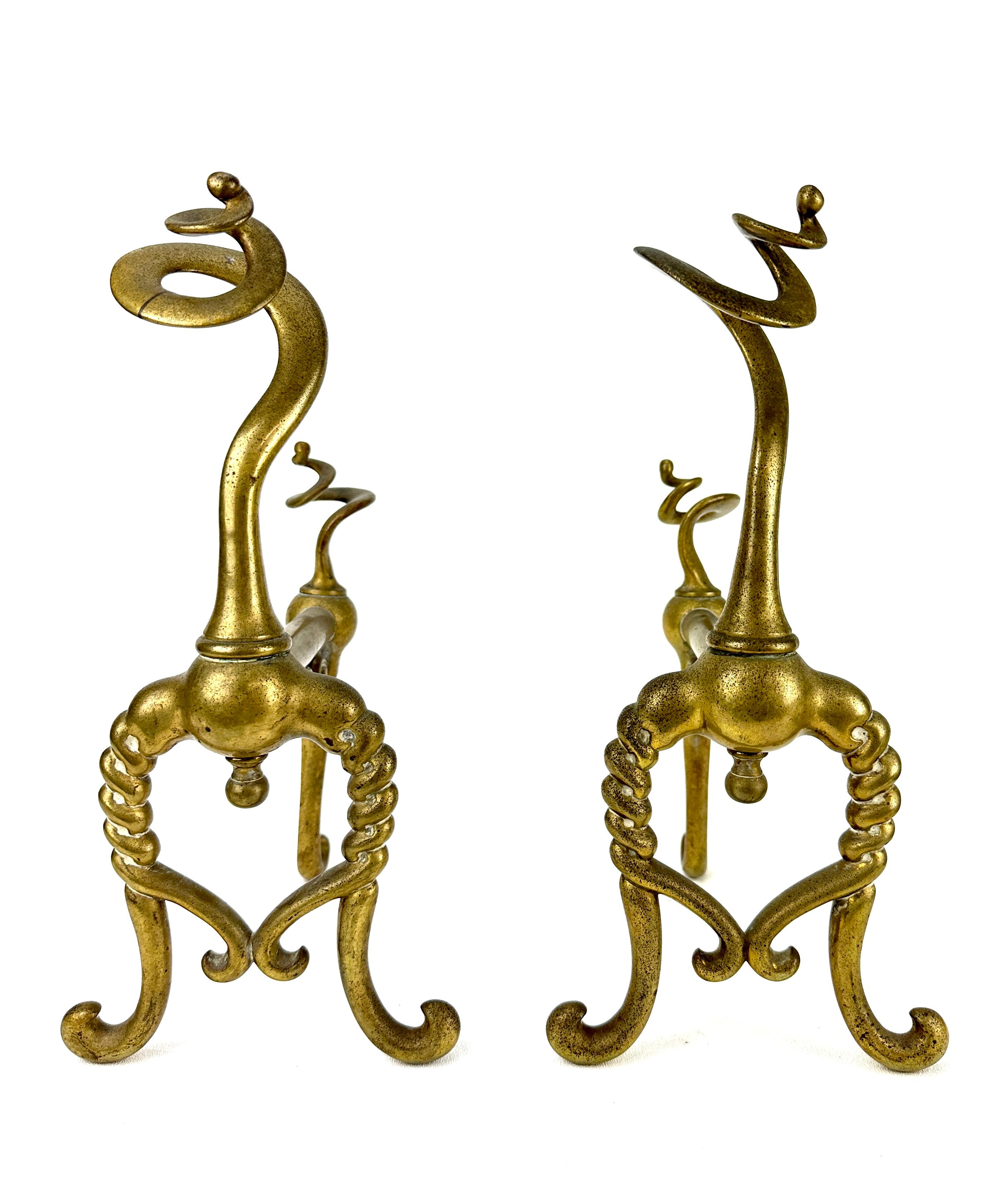 Victorian 19th Century Zoomorphic Brass Fire Dogs Andirons For Sale