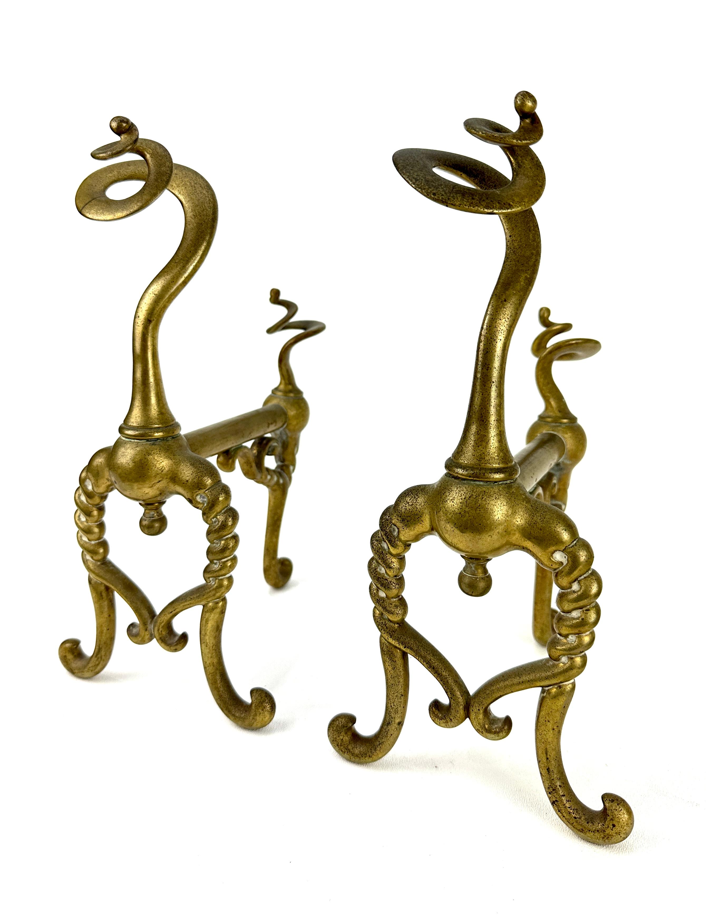 French 19th Century Zoomorphic Brass Fire Dogs Andirons For Sale