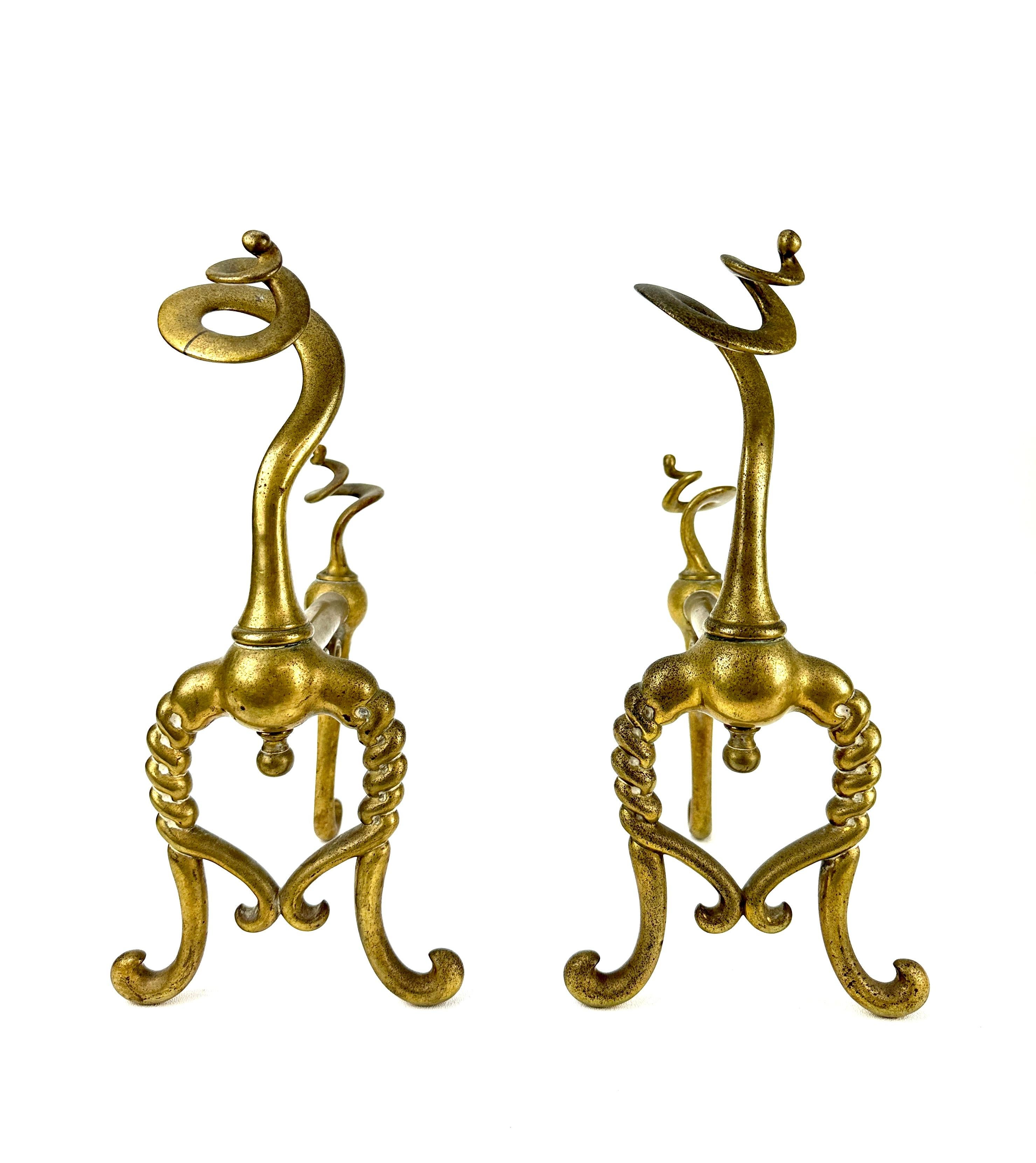 19th Century Zoomorphic Brass Fire Dogs Andirons In Good Condition For Sale In Chamblee, GA
