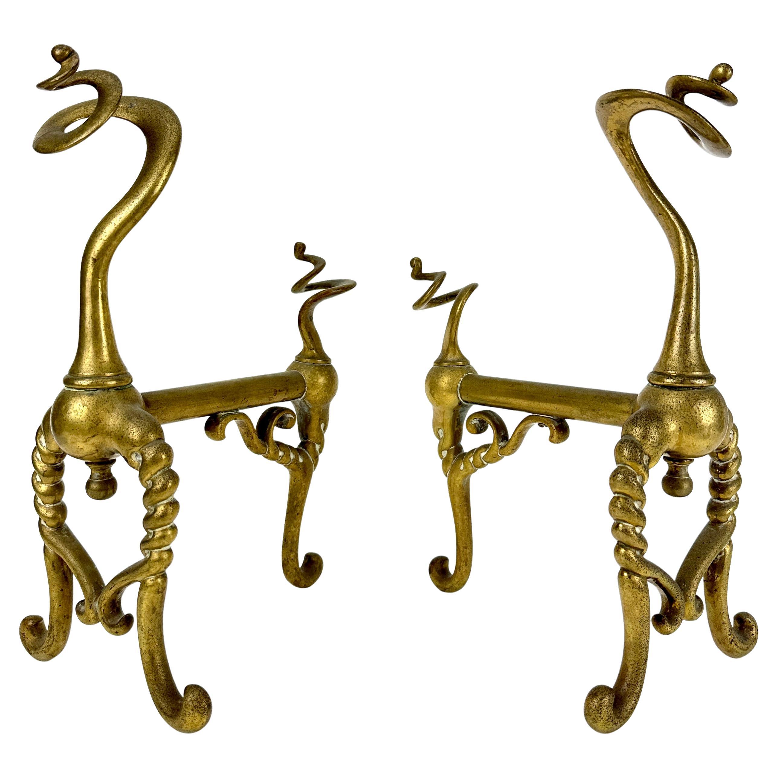 19th Century Zoomorphic Brass Fire Dogs Andirons