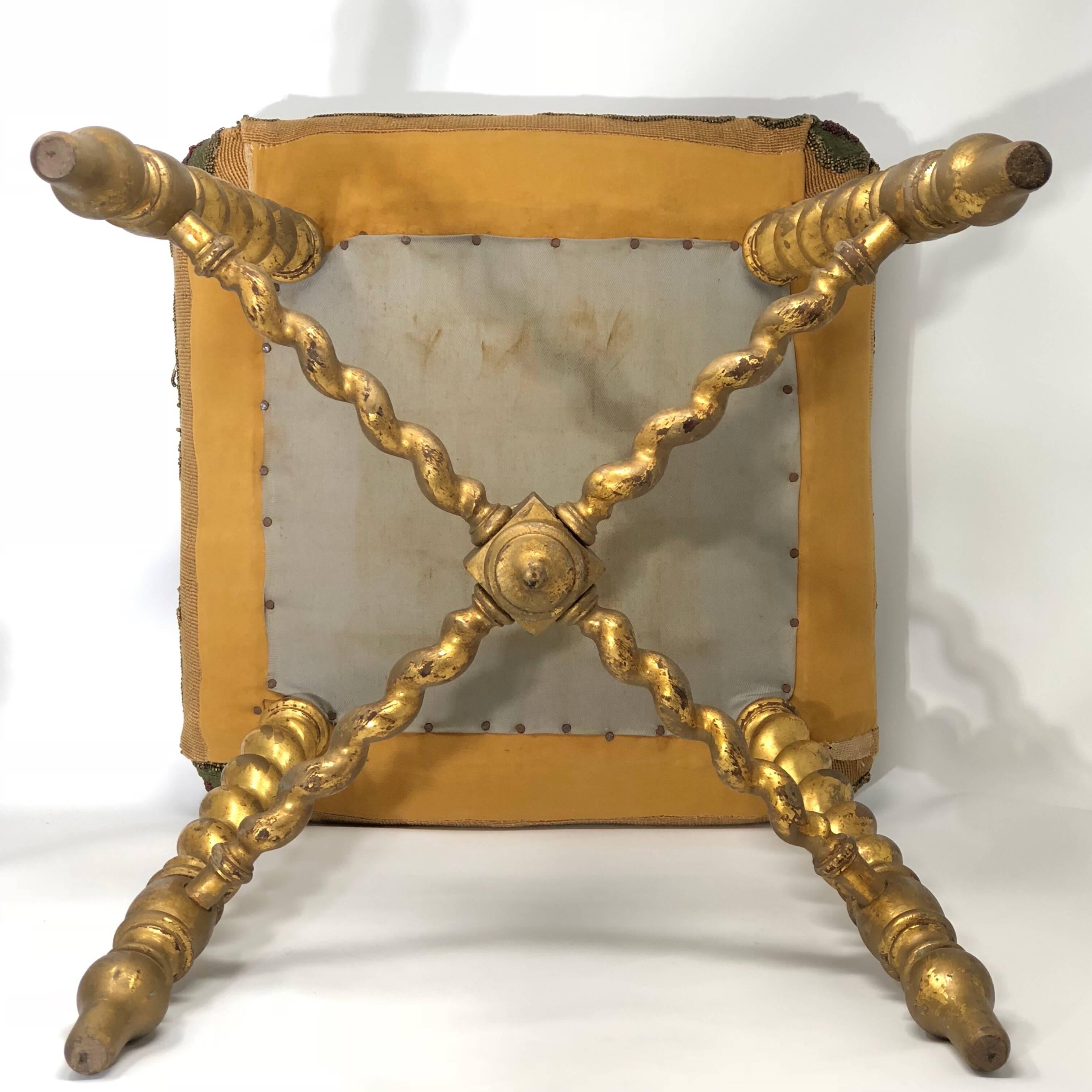 19th century, Napoleon III era, France gilding of origin, this glamour ottoman/stool has a square tapestry seat. Very easily to reupholster. The piece is very sturdy and in beautiful original condition.
The seat dimensions are 16